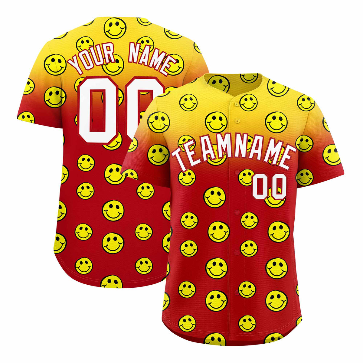 Custom Gold Red Graffiti Gradient Pattern Authentic Smile Baseball Jersey