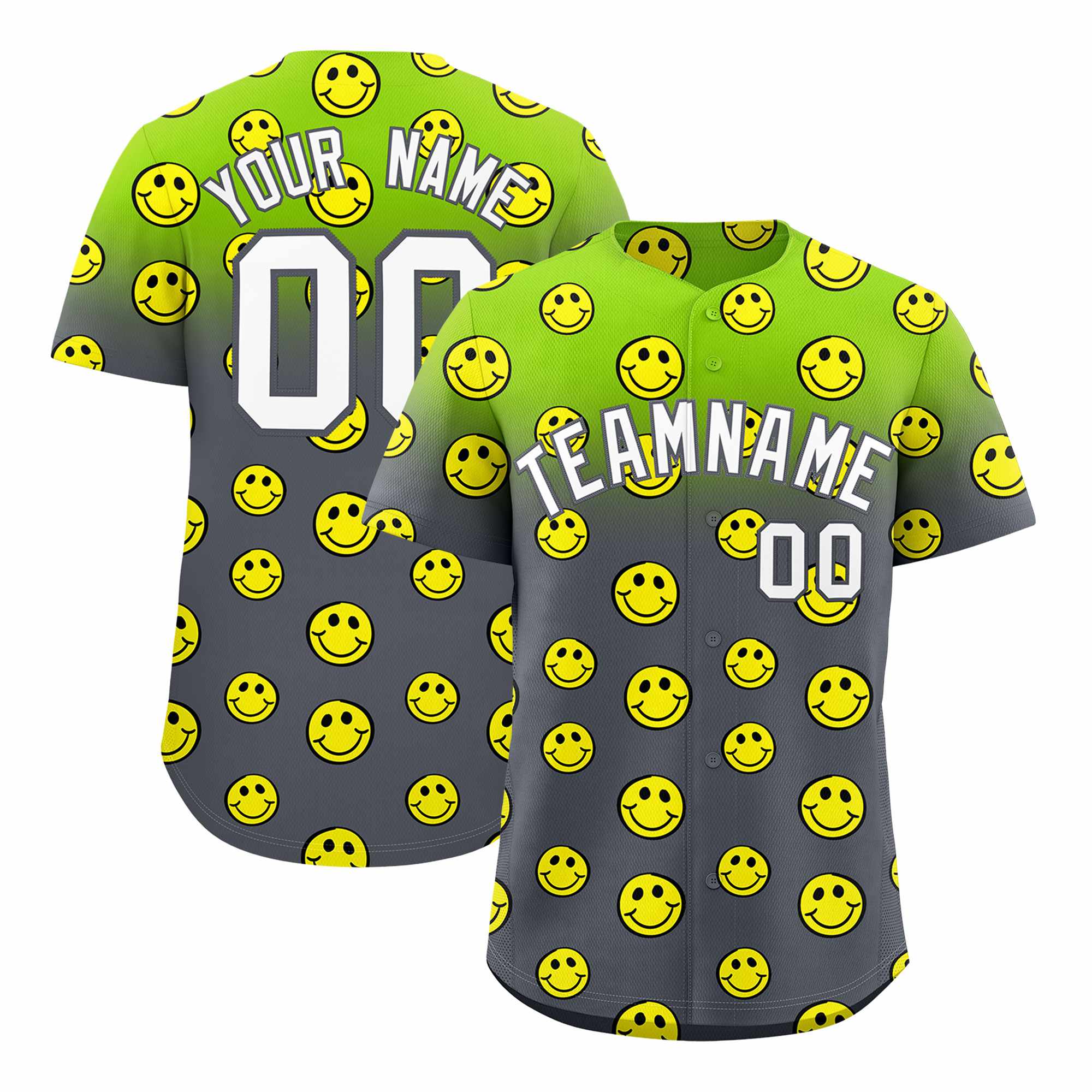 Custom Neon Green Dark Gray Graffiti Gradient Pattern Authentic Smile Baseball Jersey