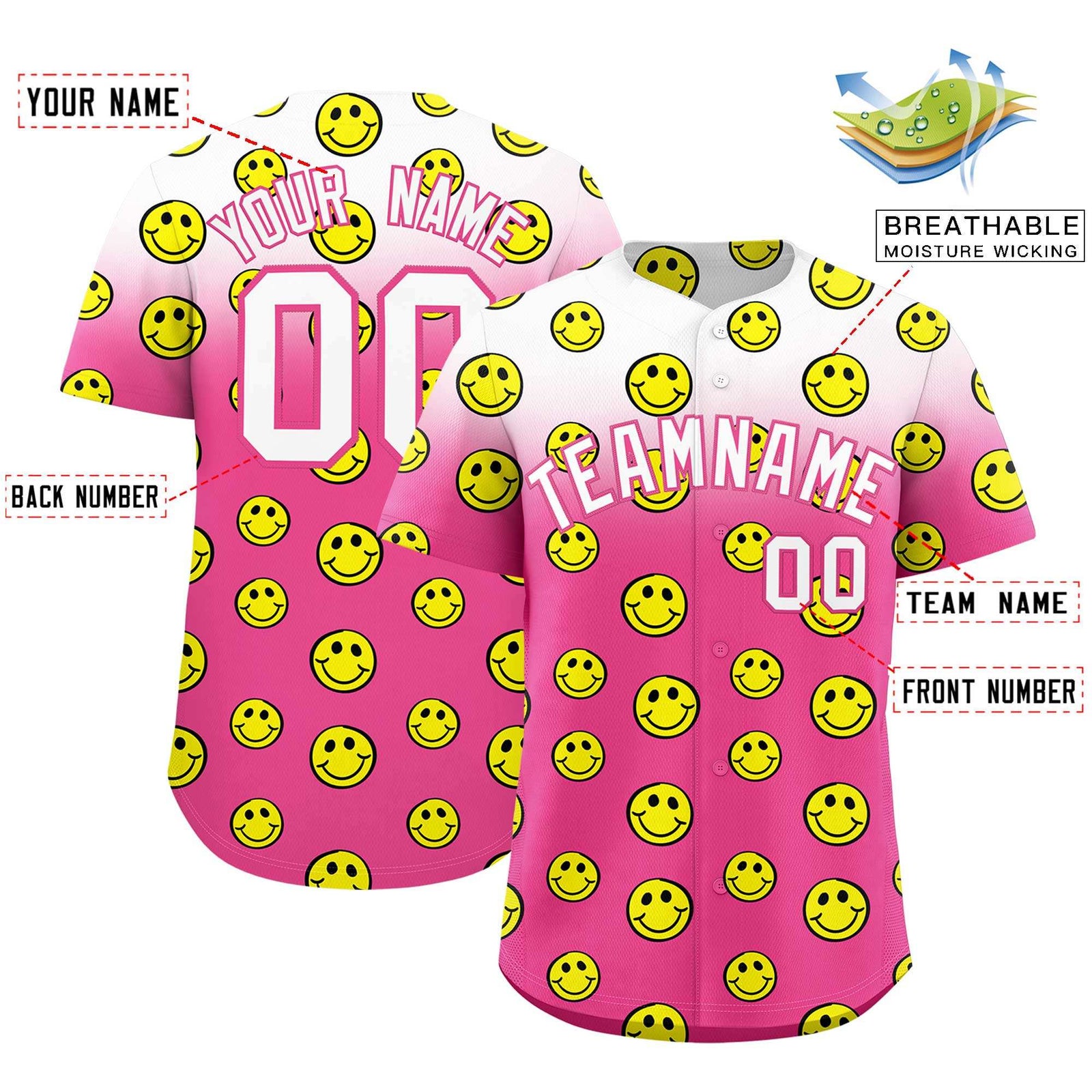 Custom White Pink Graffiti Gradient Pattern Authentic Smile Baseball Jersey
