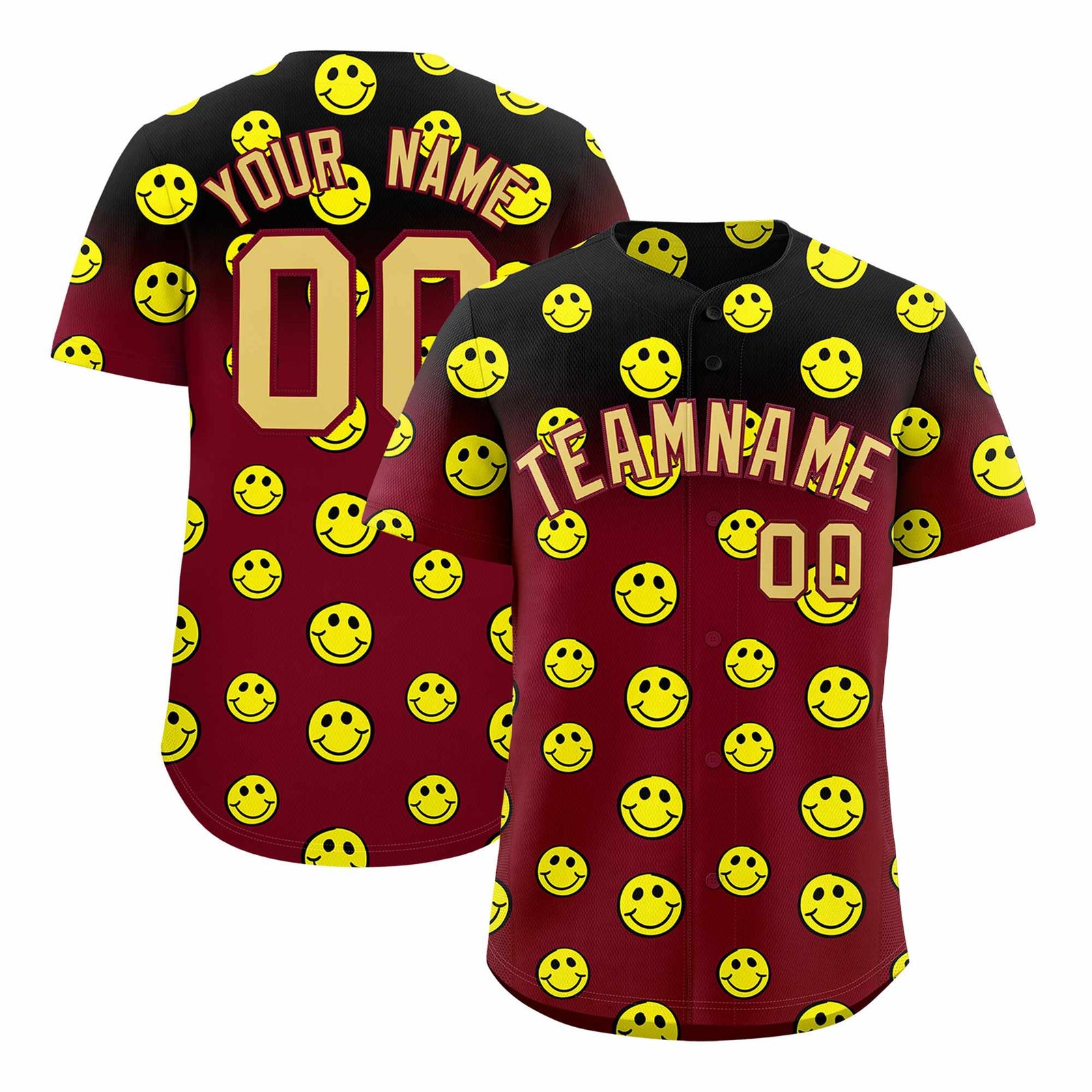 Custom Crimson Black Graffiti Gradient Pattern Authentic Smile Baseball Jersey