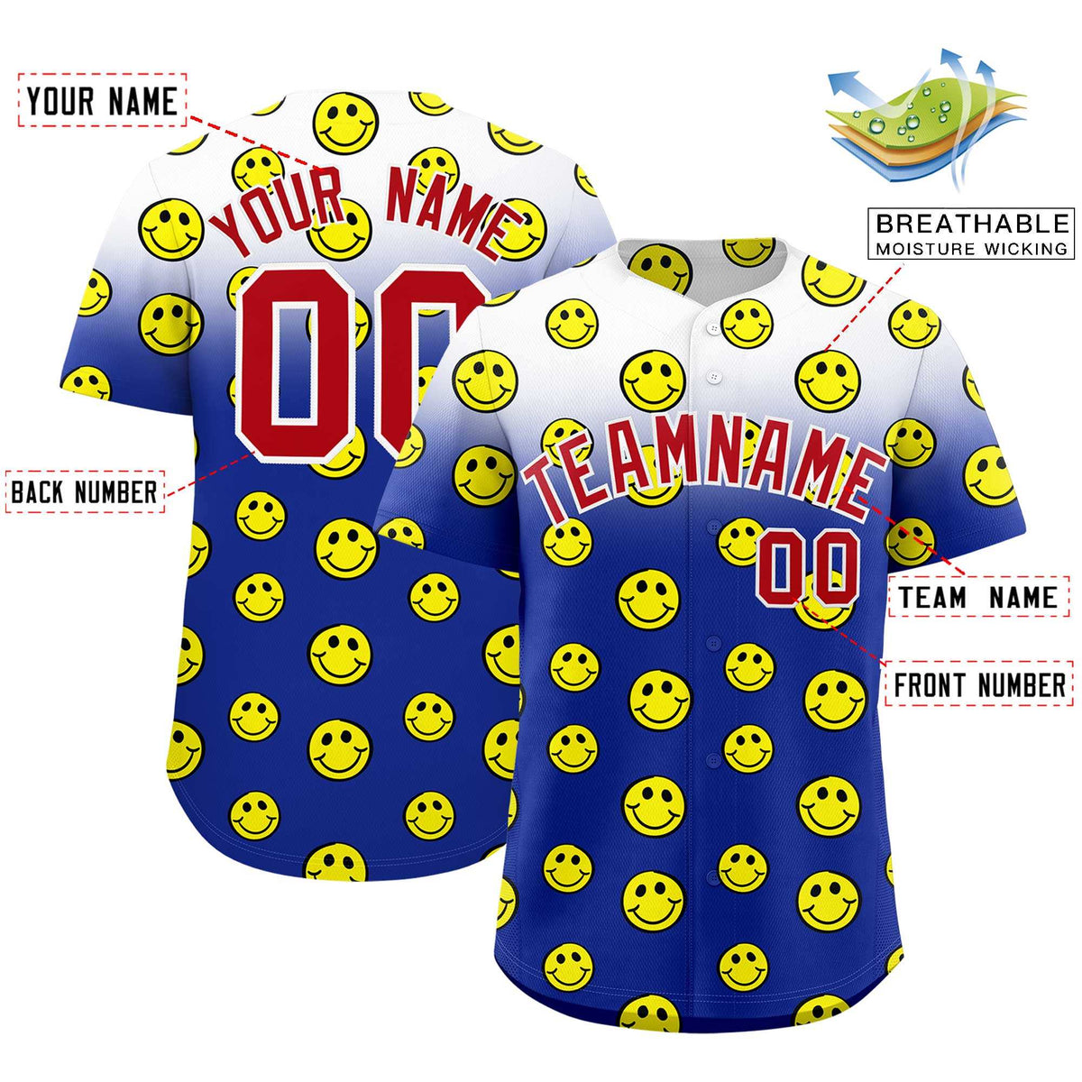 Custom White Royal Graffiti Gradient Pattern Authentic Smile Baseball Jersey