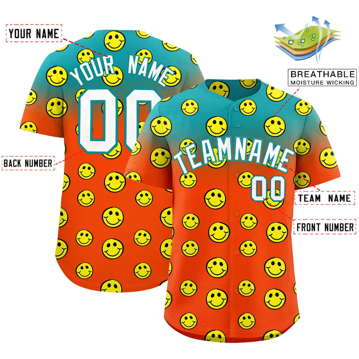 Custom Aqua Orange Graffiti Gradient Pattern Authentic Smile Baseball Jersey
