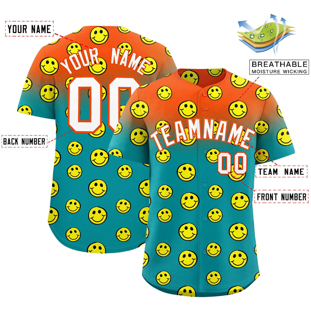 Custom Orange Aqua Graffiti Gradient Pattern Authentic Smile Baseball Jersey
