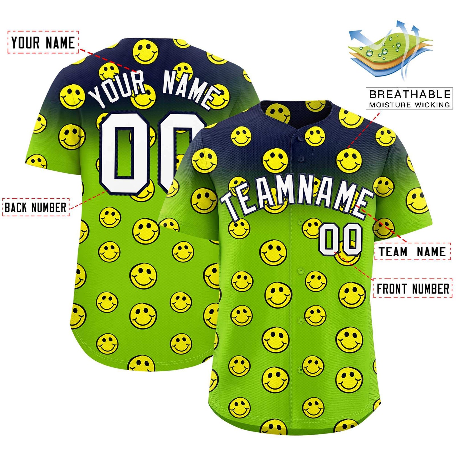 Custom Navy Neon Green Graffiti Gradient Pattern Authentic Smile Baseball Jersey