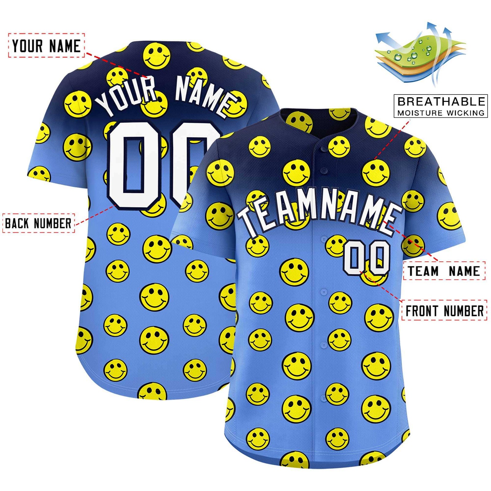 Custom Navy Light Blue Graffiti Gradient Pattern Authentic Smile Baseball Jersey