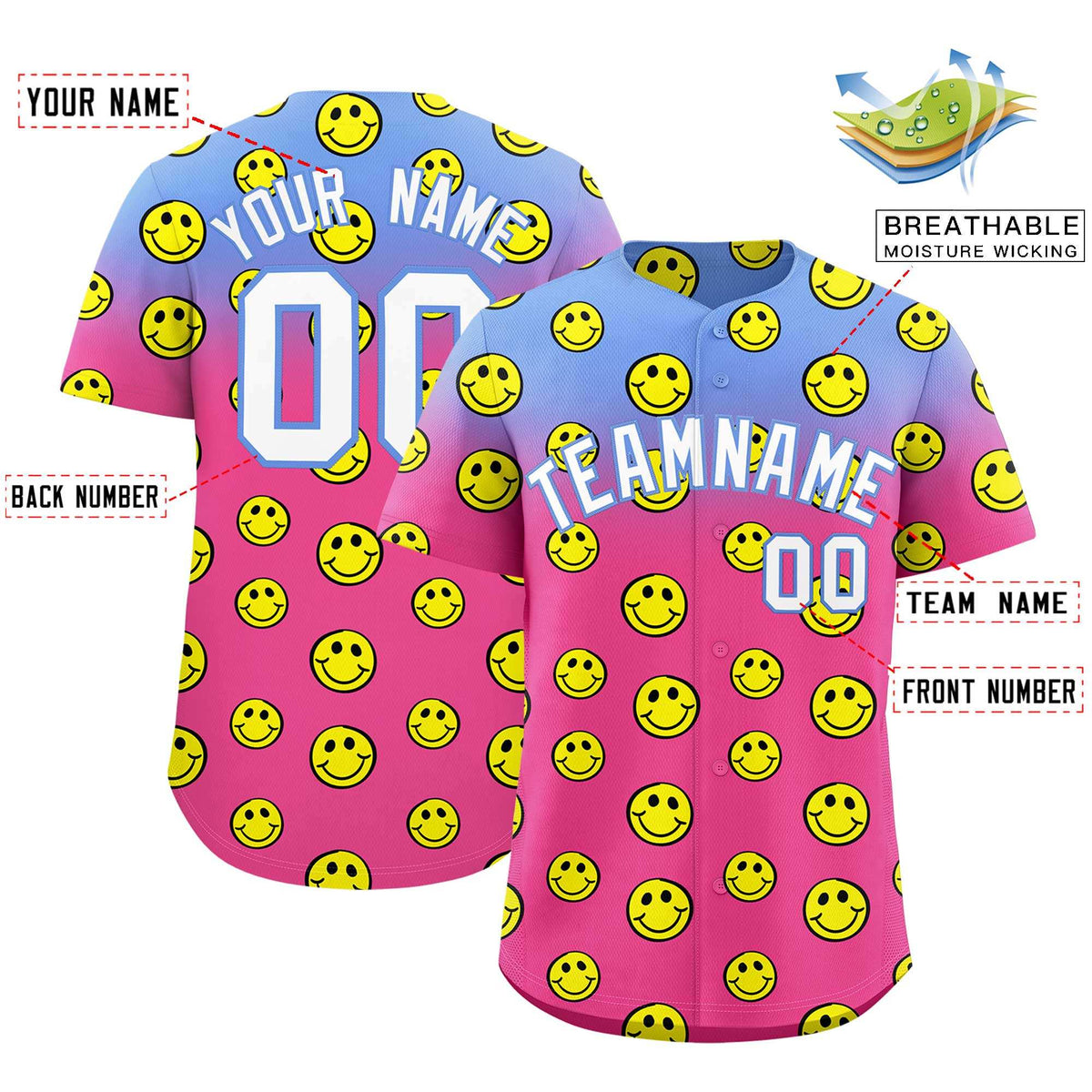 Custom Light Blue Pink Graffiti Gradient Pattern Authentic Smile Baseball Jersey