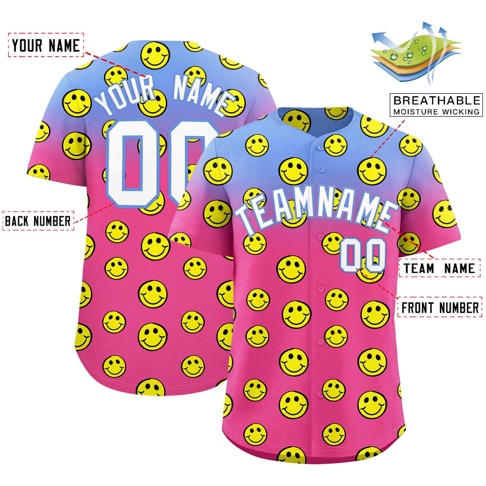 Custom Light Blue Pink Graffiti Gradient Pattern Authentic Smile Baseball Jersey