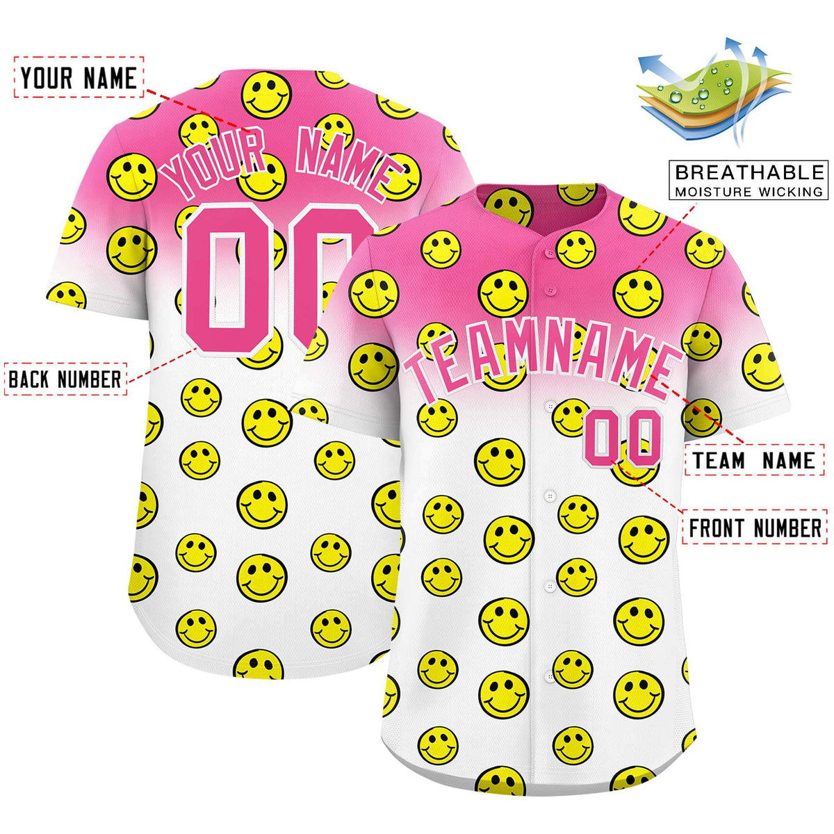 Custom Pink White Graffiti Gradient Pattern Authentic Smile Baseball Jersey