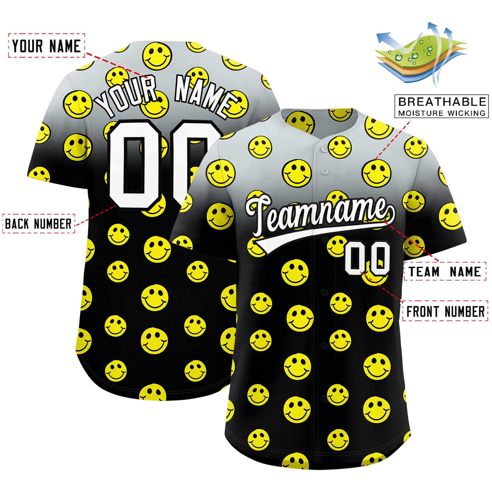 Custom Silver Black Graffiti Gradient Pattern Authentic Smile Baseball Jersey