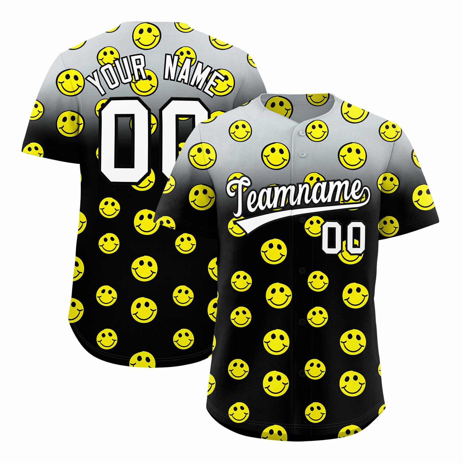 Custom Silver Black Graffiti Gradient Pattern Authentic Smile Baseball Jersey