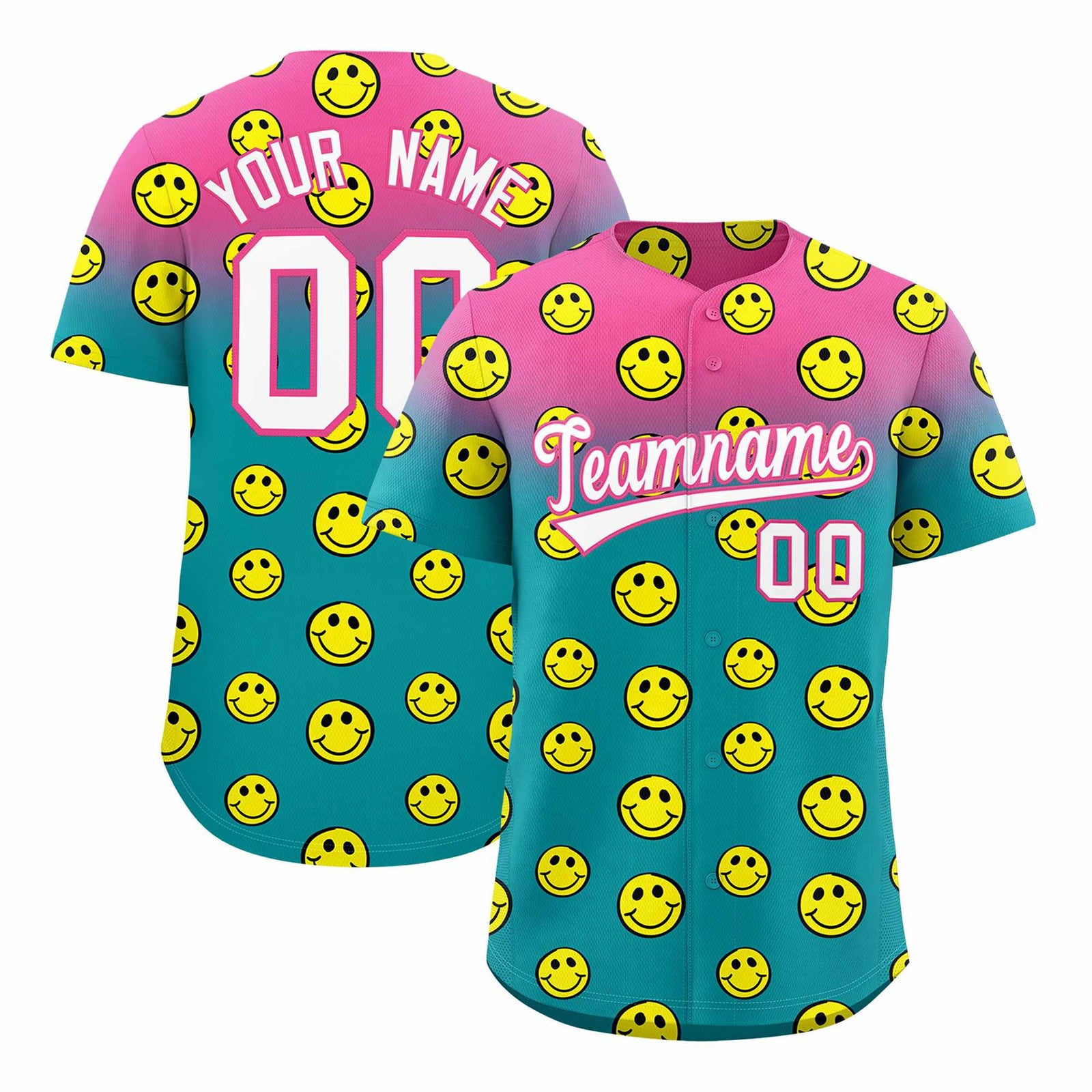 Custom Pink Aqua Graffiti Gradient Pattern Authentic Smile Baseball Jersey