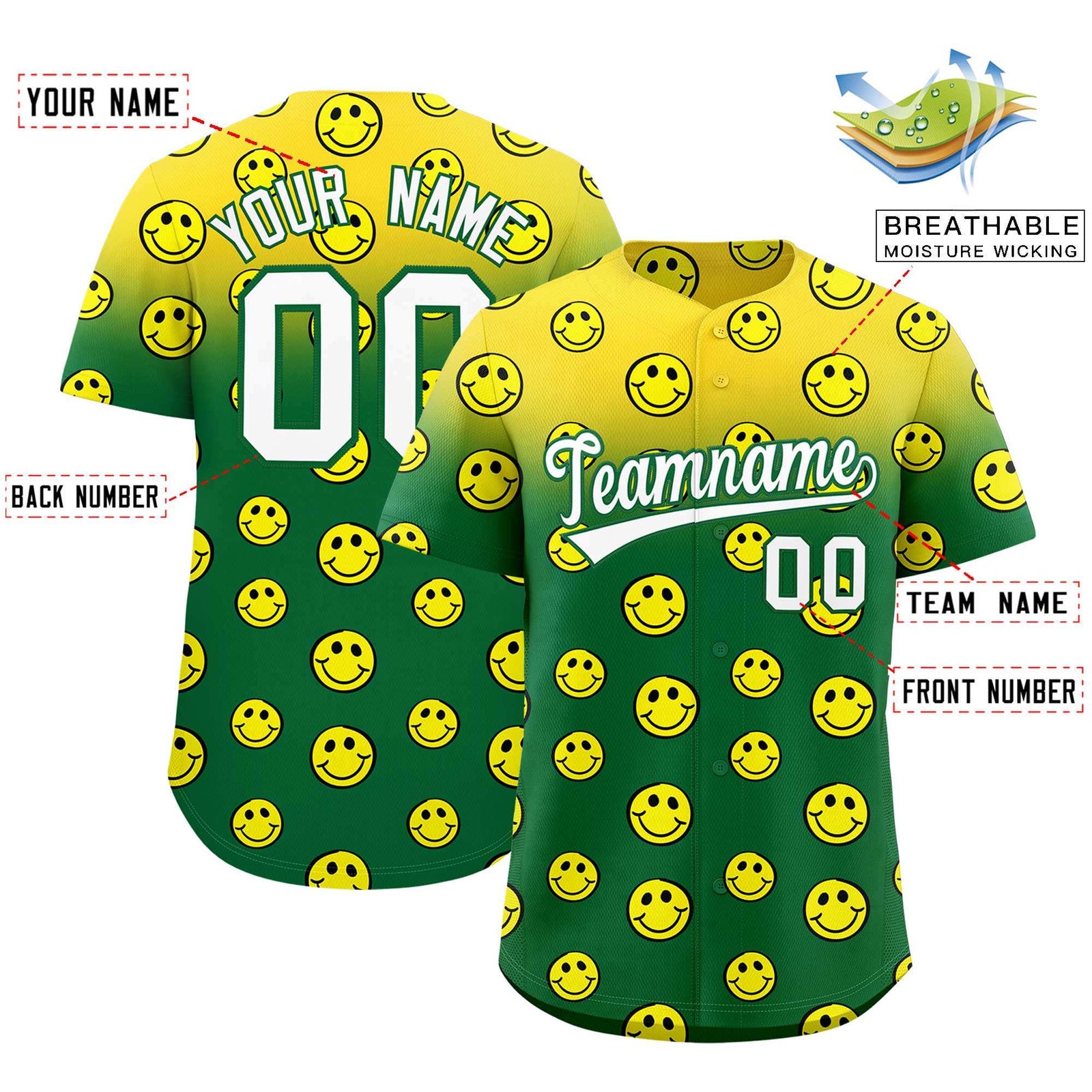 Custom Gold Kelly Green Graffiti Gradient Pattern Authentic Smile Baseball Jersey