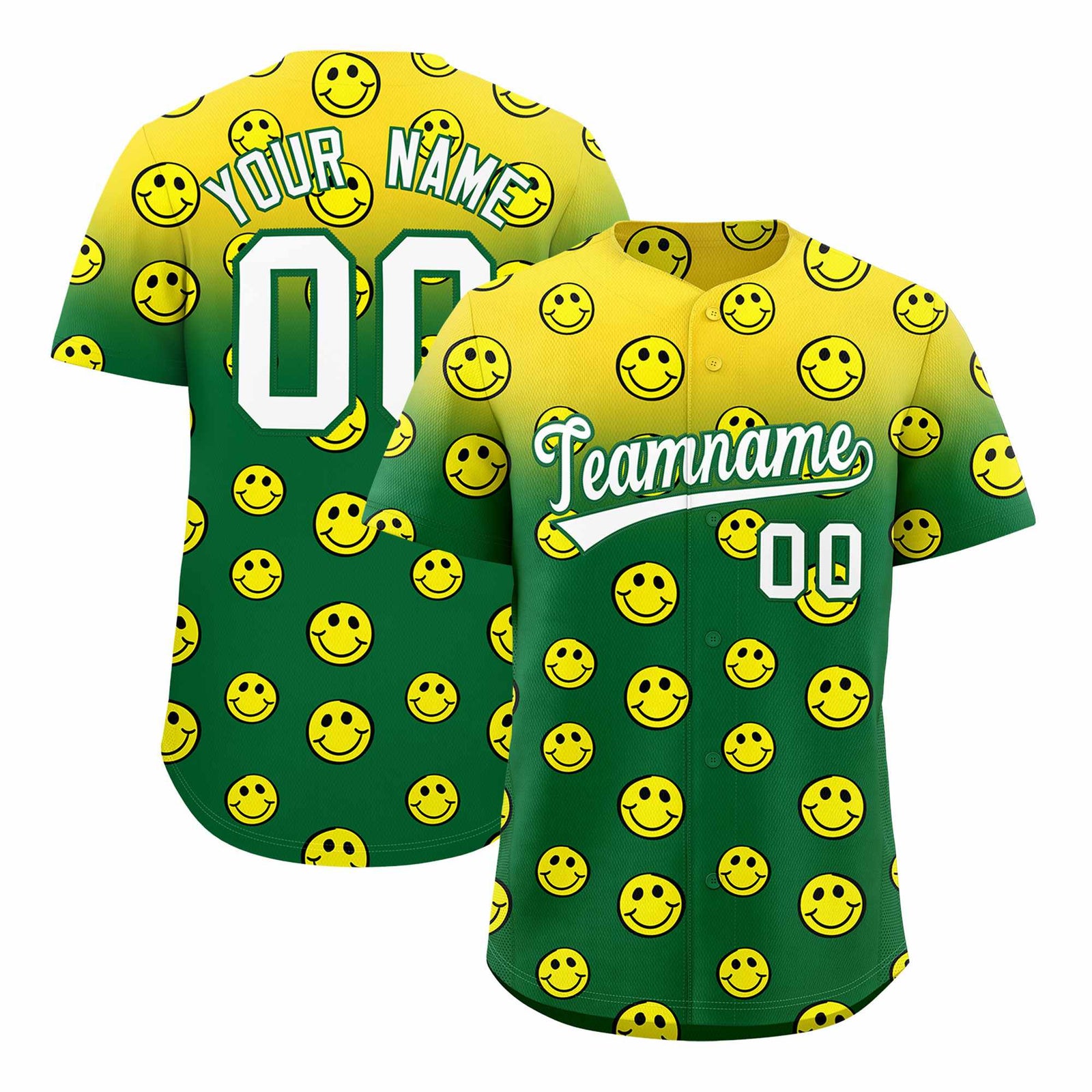 Custom Gold Kelly Green Graffiti Gradient Pattern Authentic Smile Baseball Jersey