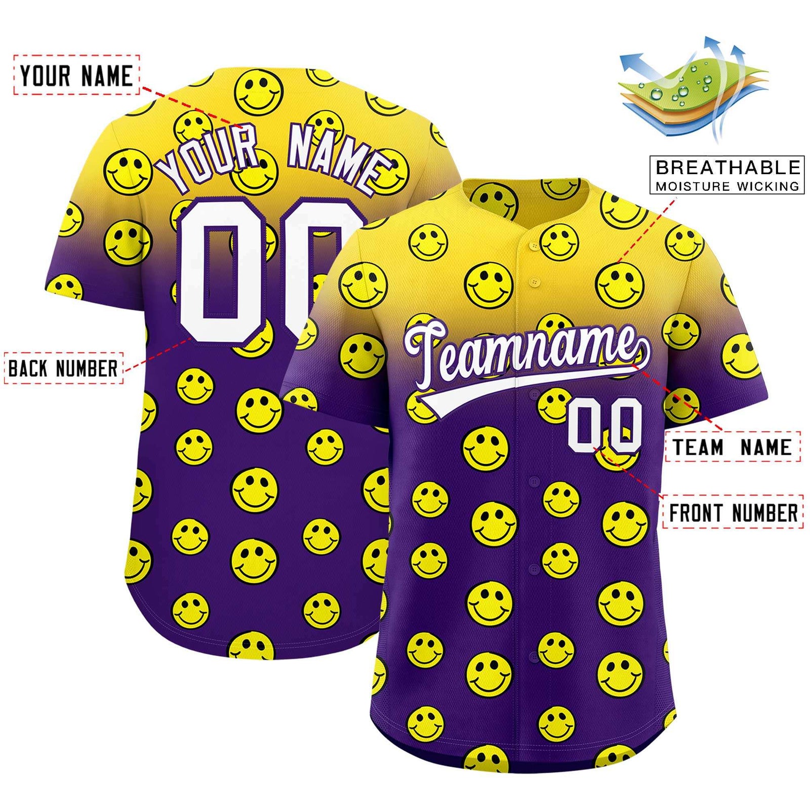 Custom Gold Purple Graffiti Gradient Pattern Authentic Smile Baseball Jersey