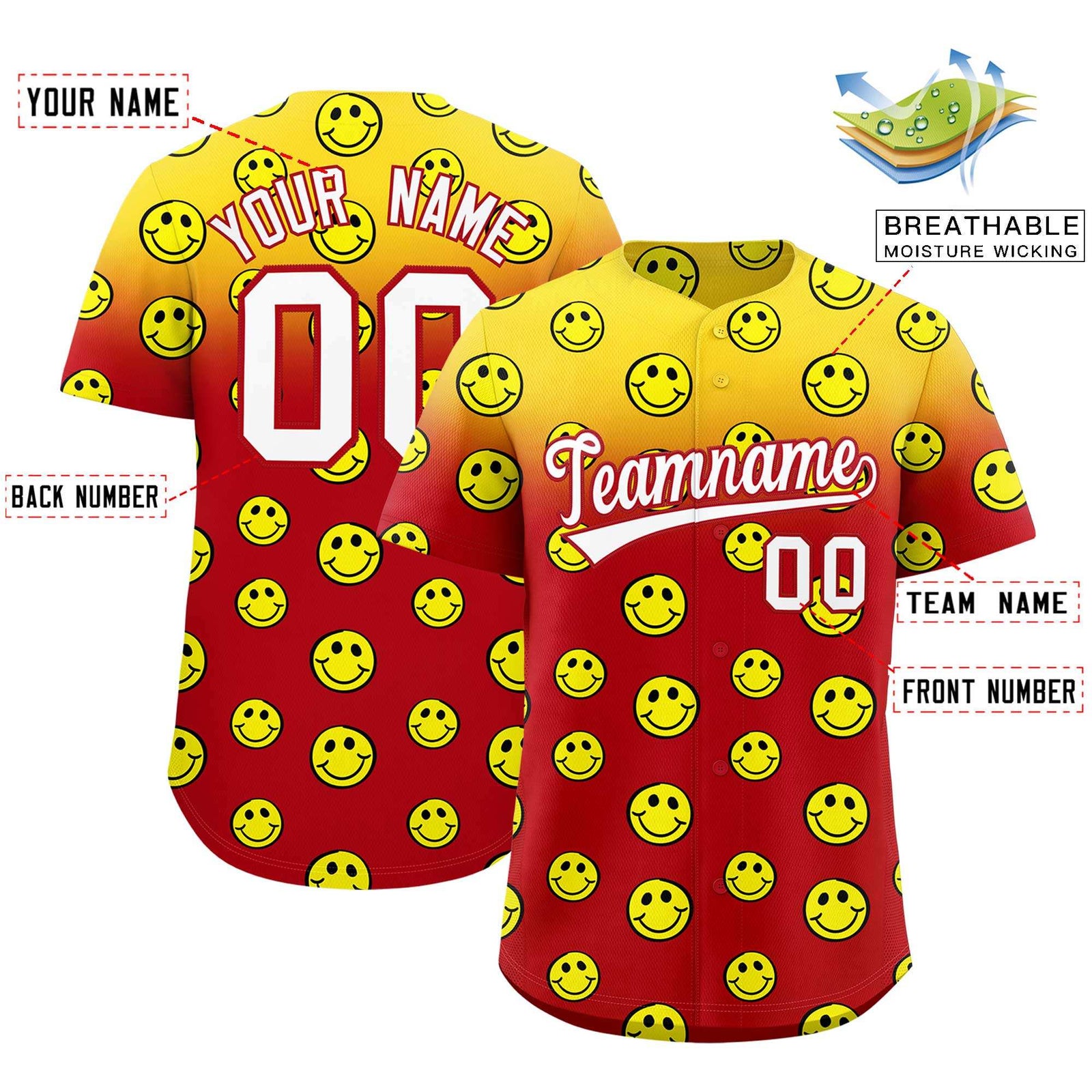 Custom Gold Red Graffiti Gradient Pattern Authentic Smile Baseball Jersey