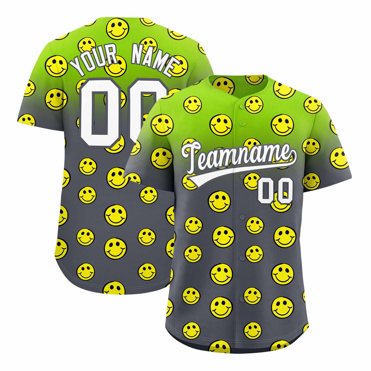 Custom Neon Green Dark Gray Graffiti Gradient Pattern Authentic Smile Baseball Jersey