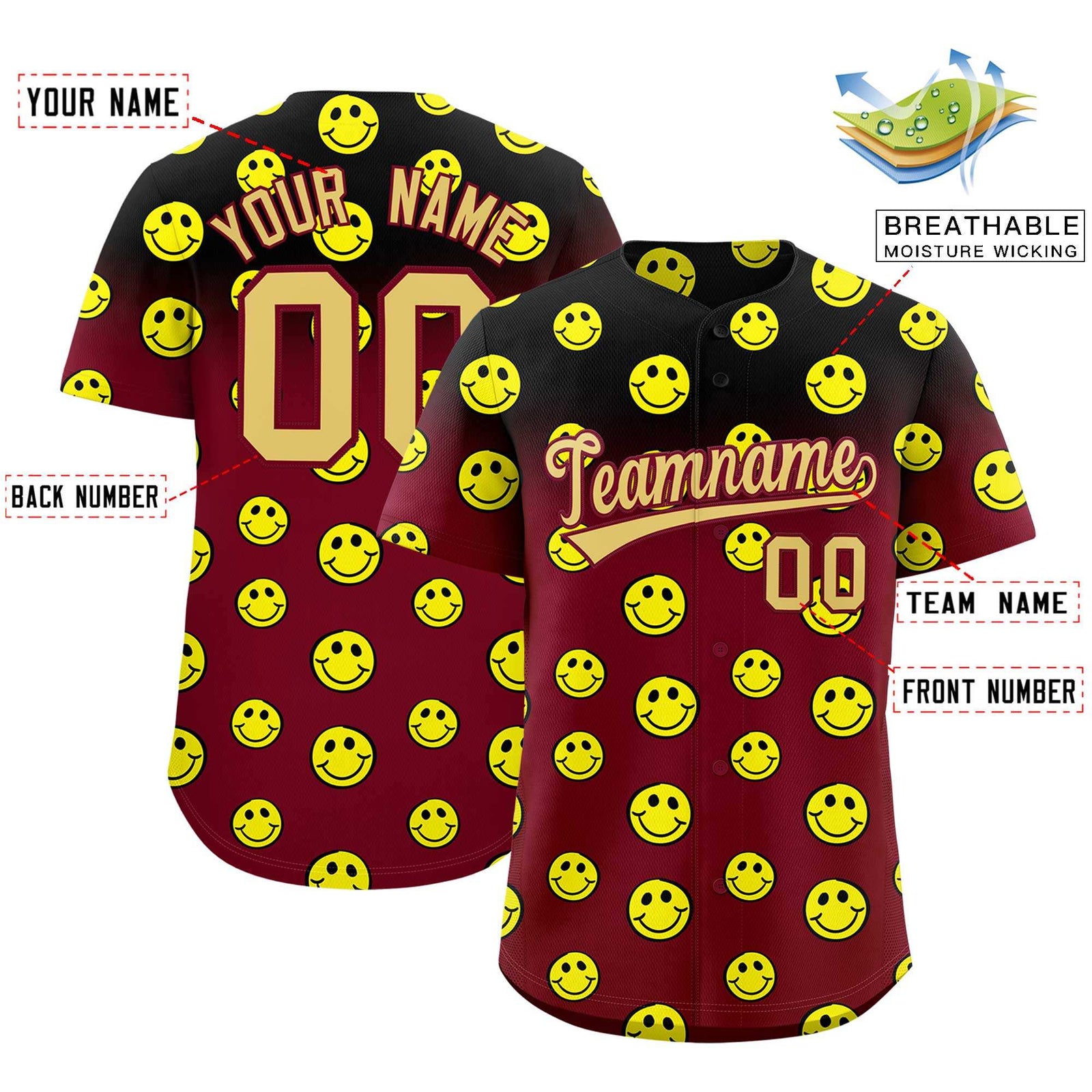 Custom Crimson Black Graffiti Gradient Pattern Authentic Smile Baseball Jersey