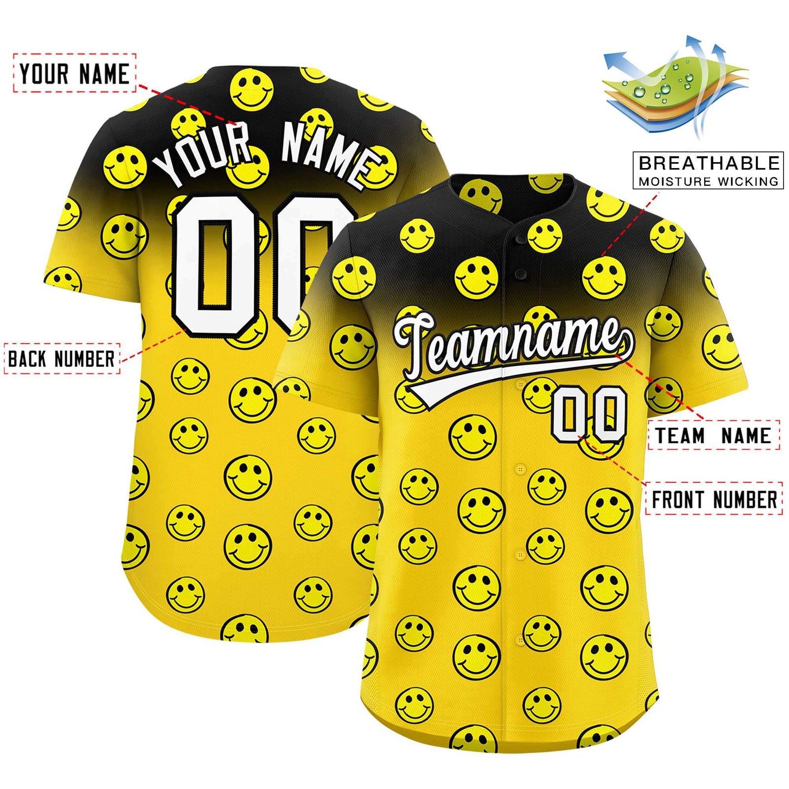 Custom Black Gold Graffiti Gradient Pattern Authentic Smile Baseball Jersey