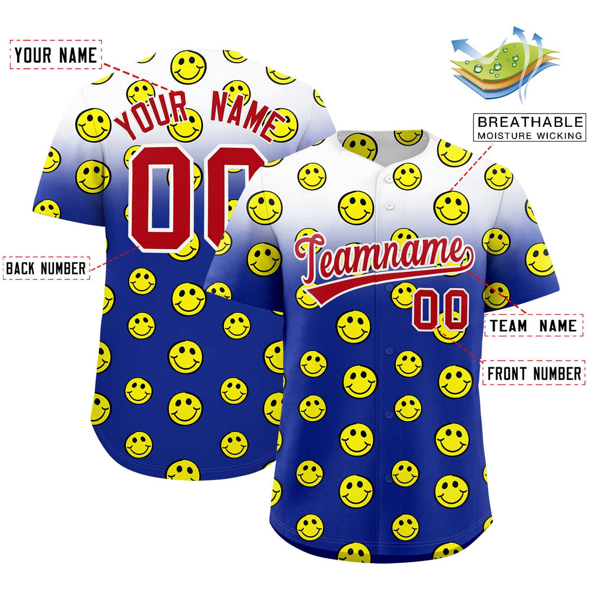 Custom White Royal Graffiti Gradient Pattern Authentic Smile Baseball Jersey
