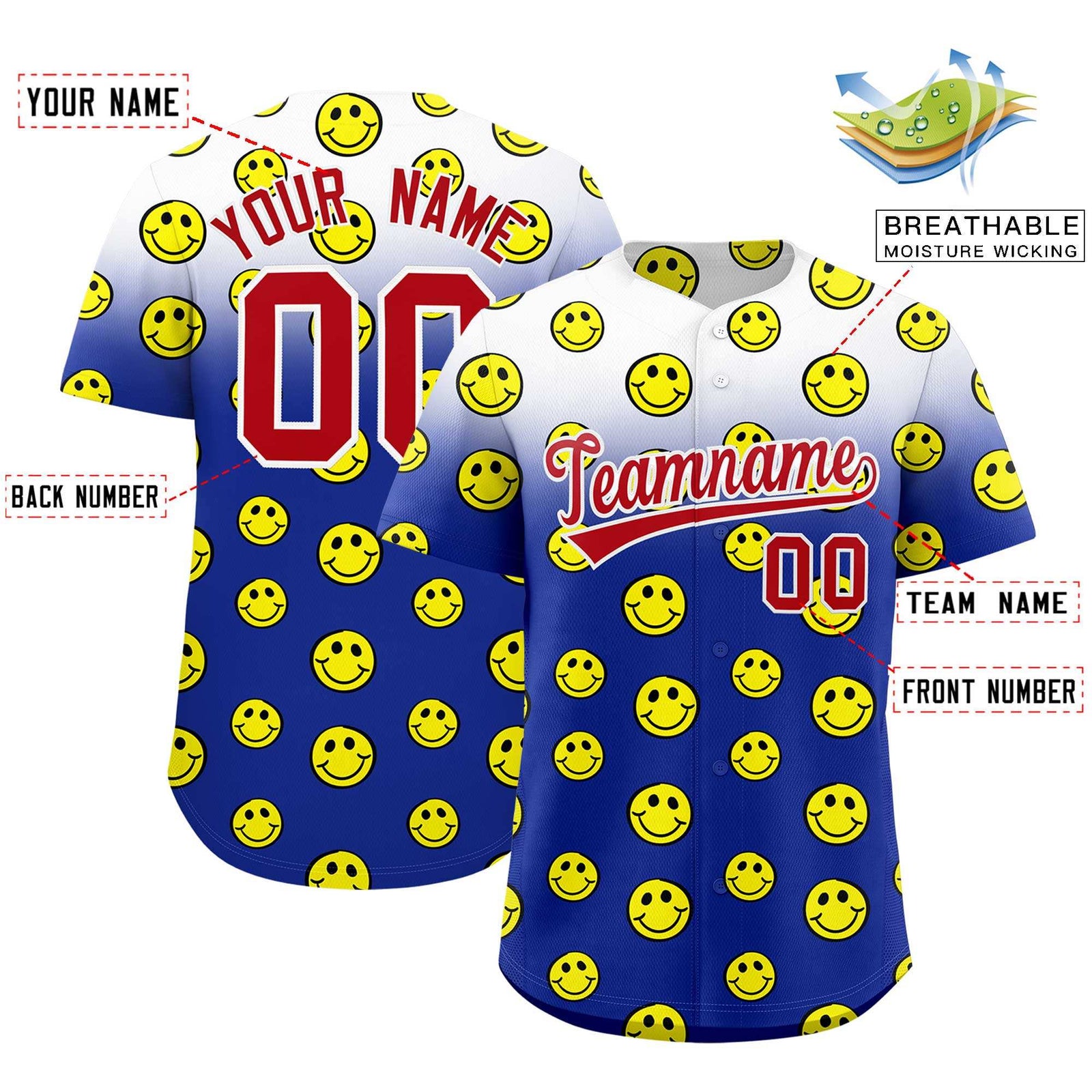Custom White Royal Graffiti Gradient Pattern Authentic Smile Baseball Jersey
