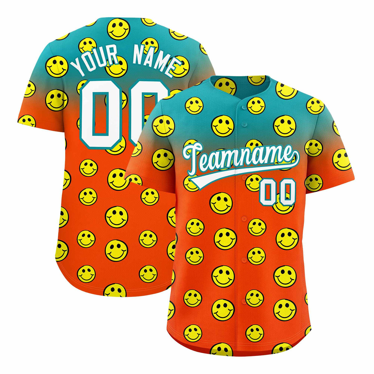 Custom Aqua Orange Graffiti Gradient Pattern Authentic Smile Baseball Jersey
