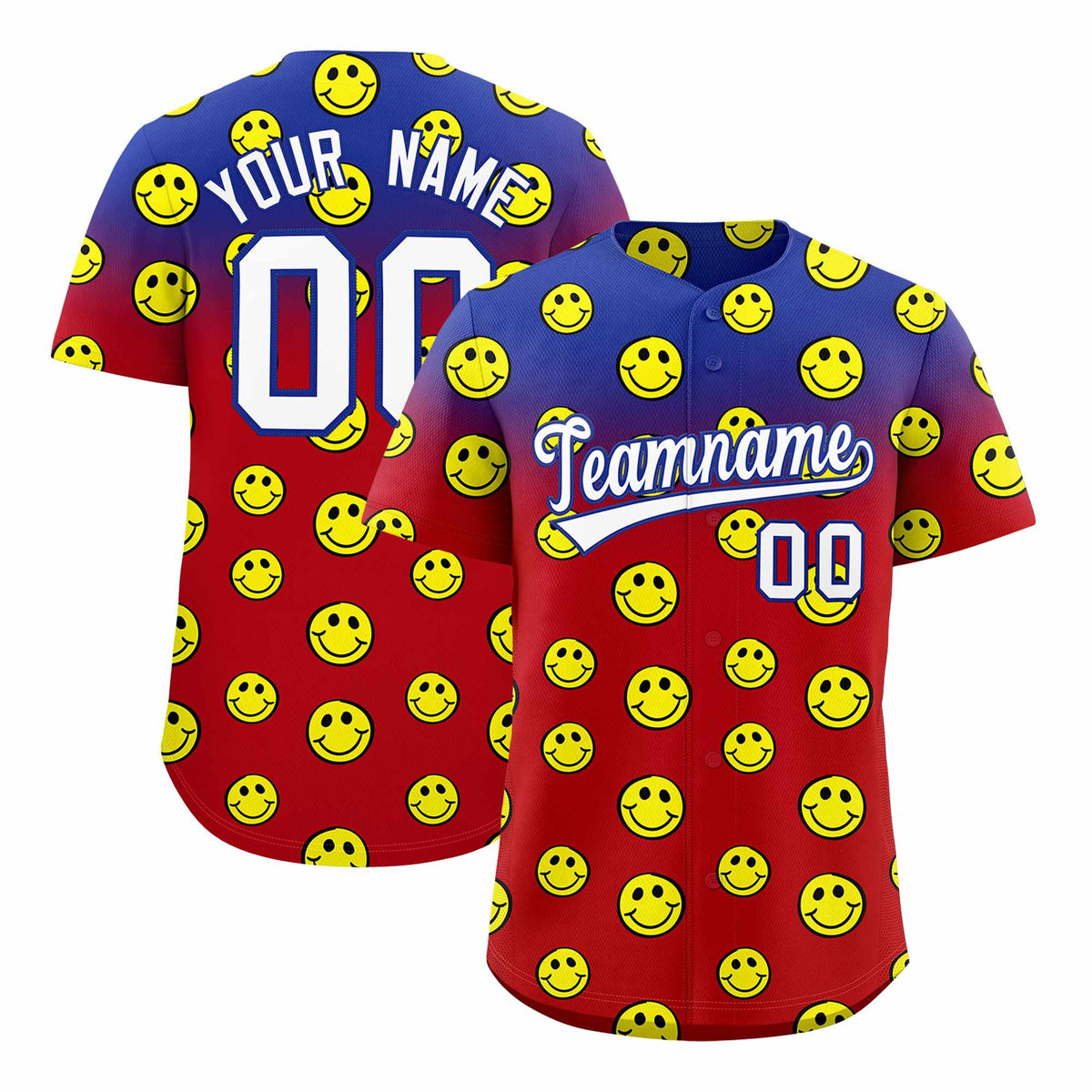 Custom Royal Red Graffiti Gradient Pattern Authentic Smile Baseball Jersey