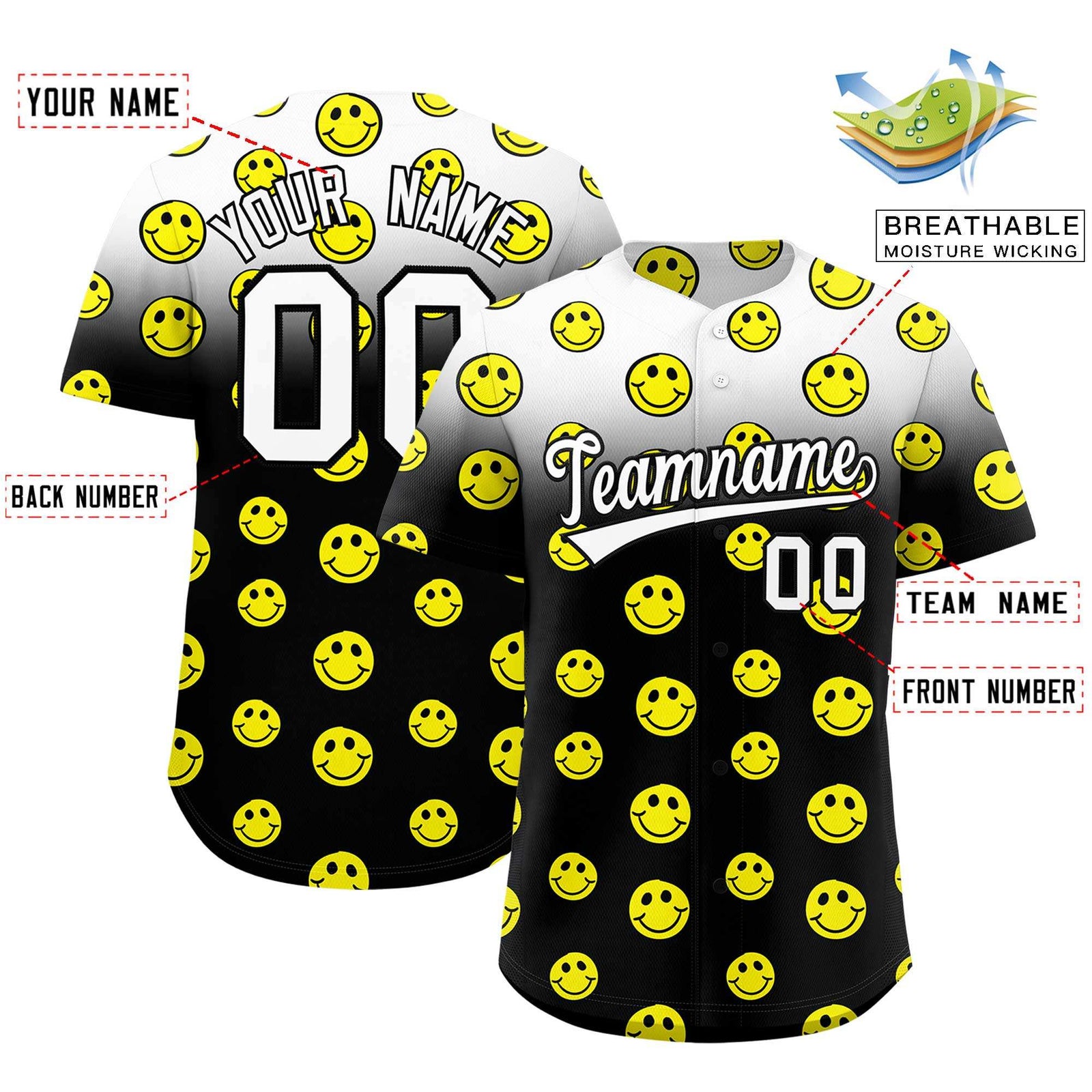 Custom White Black Graffiti Gradient Pattern Authentic Smile Baseball Jersey