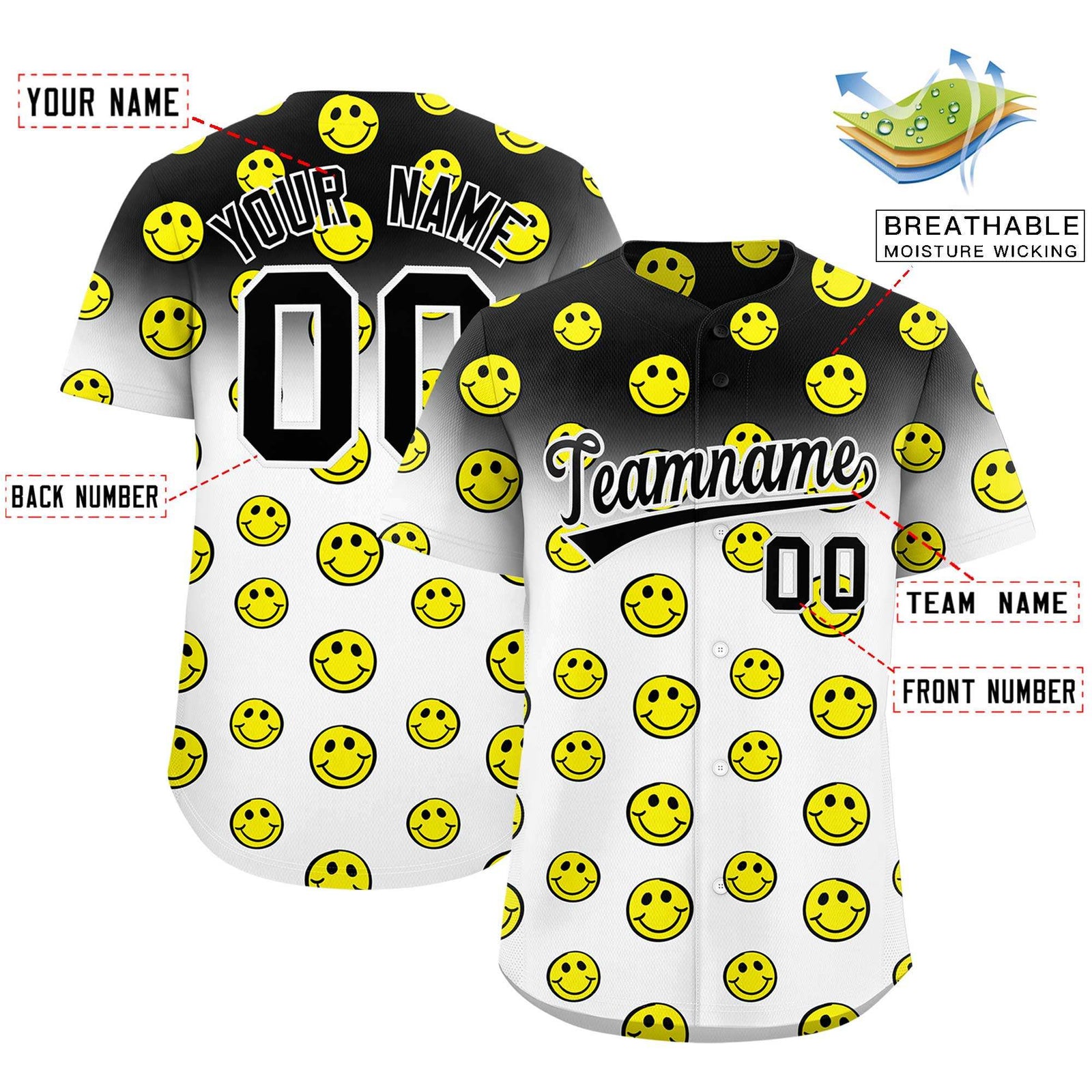 Custom Black White Graffiti Gradient Pattern Authentic Smile Baseball Jersey