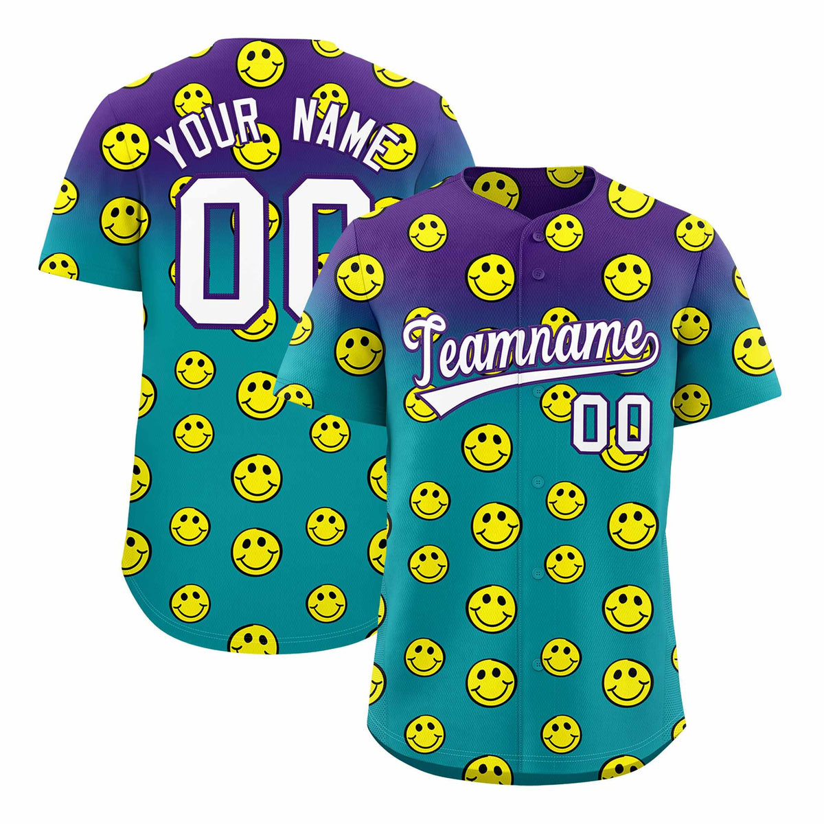Custom Purple Aqua Graffiti Gradient Pattern Authentic Smile Baseball Jersey