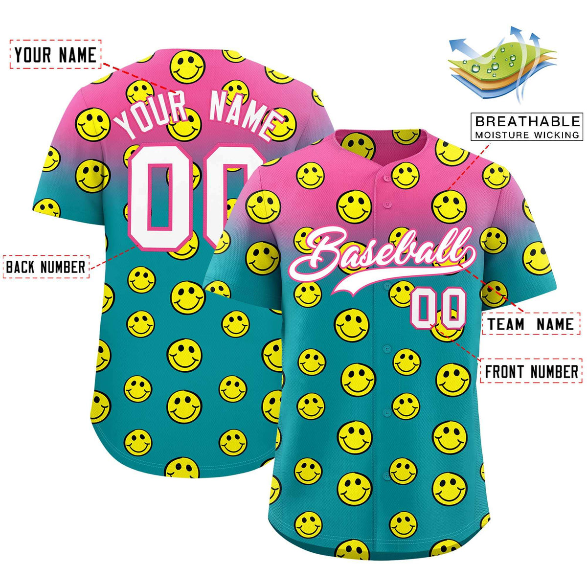 Custom Pink Aqua Graffiti Gradient Pattern Authentic Smile Baseball Jersey