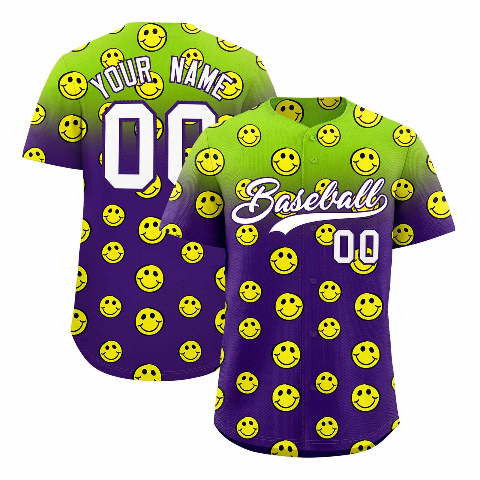 Custom Neon Green Purple Graffiti Gradient Pattern Authentic Smile Baseball Jersey