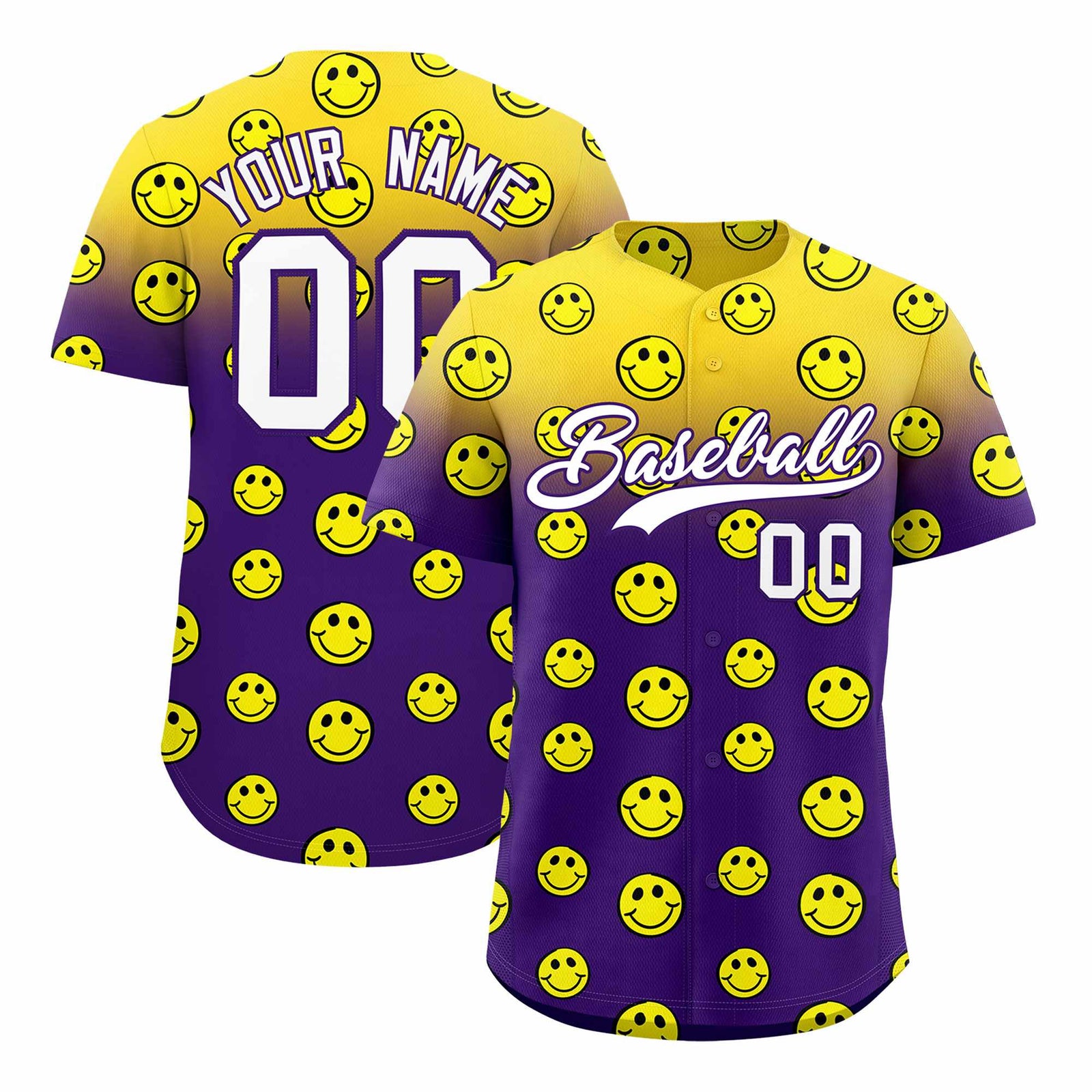 Custom Gold Purple Graffiti Gradient Pattern Authentic Smile Baseball Jersey