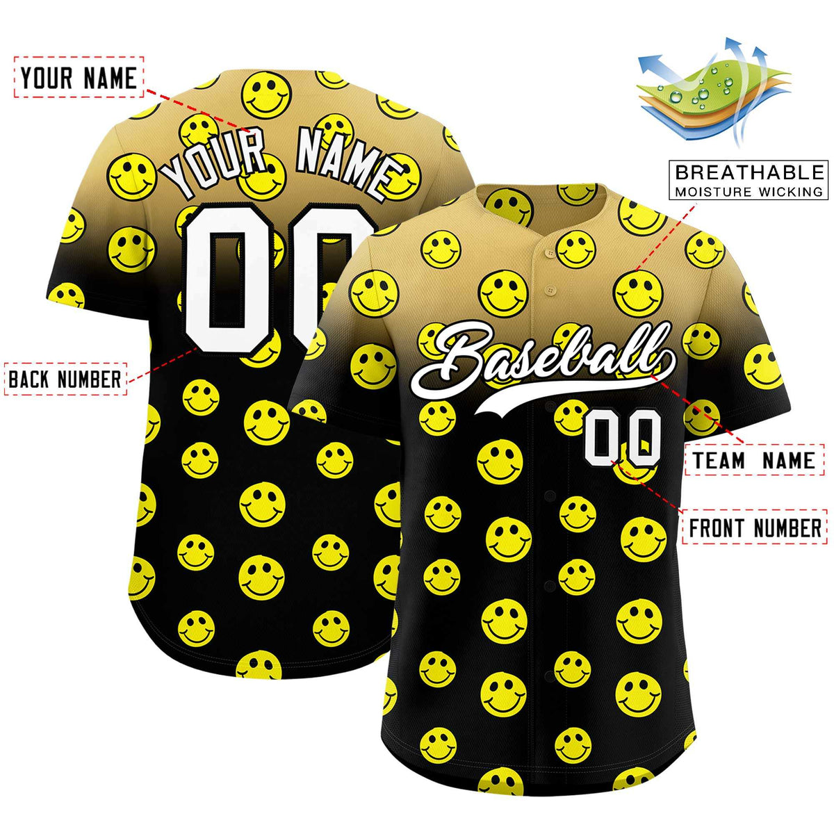 Custom Old Gold Black Graffiti Gradient Pattern Authentic Smile Baseball Jersey