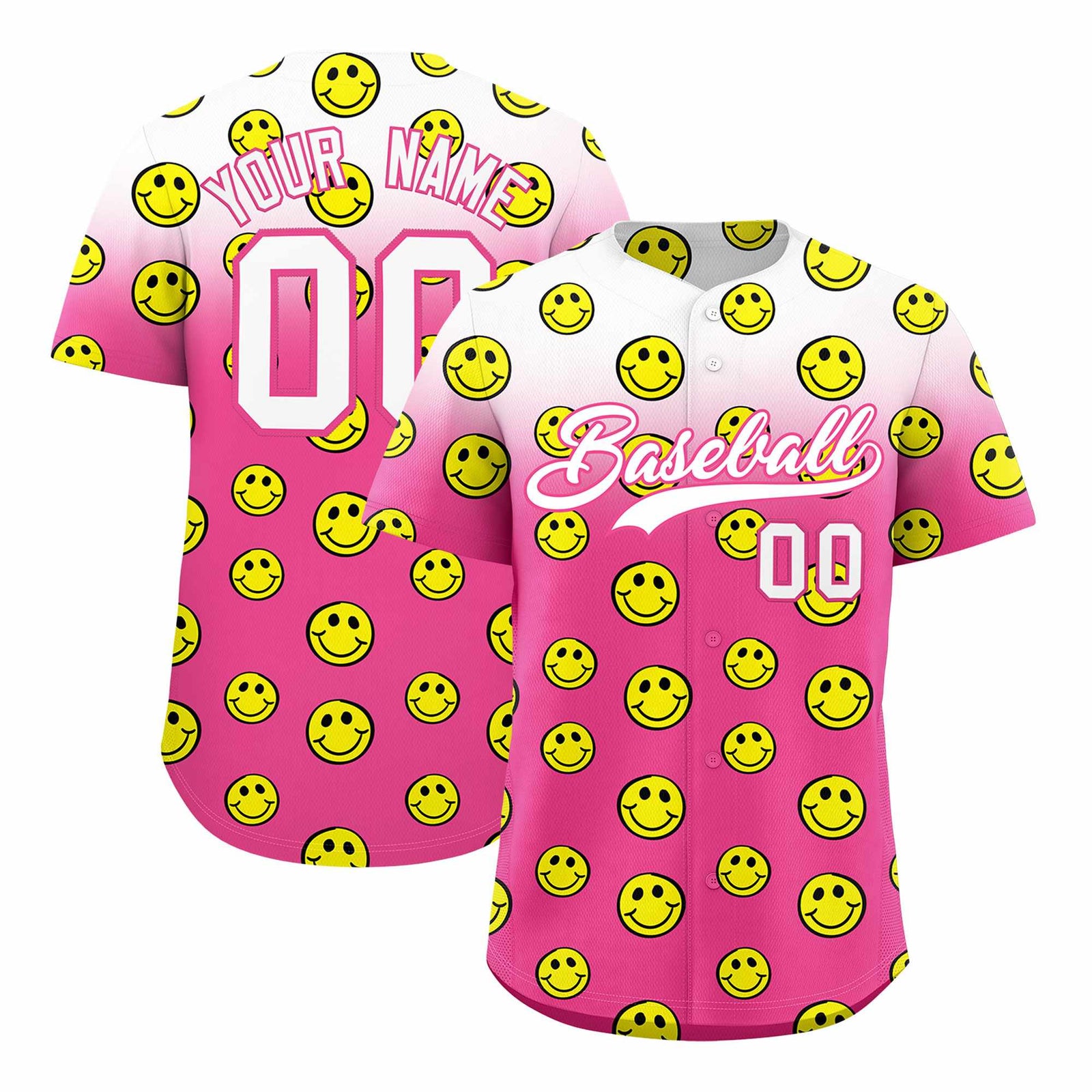 Custom White Pink Graffiti Gradient Pattern Authentic Smile Baseball Jersey
