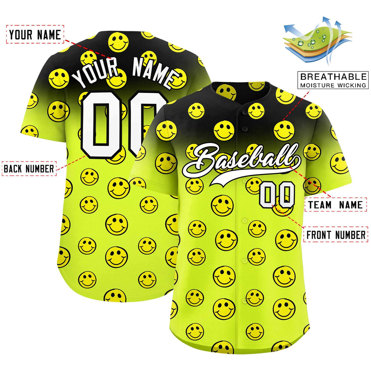 Custom Black Fluorescent Green Graffiti Gradient Pattern Authentic Smile Baseball Jersey