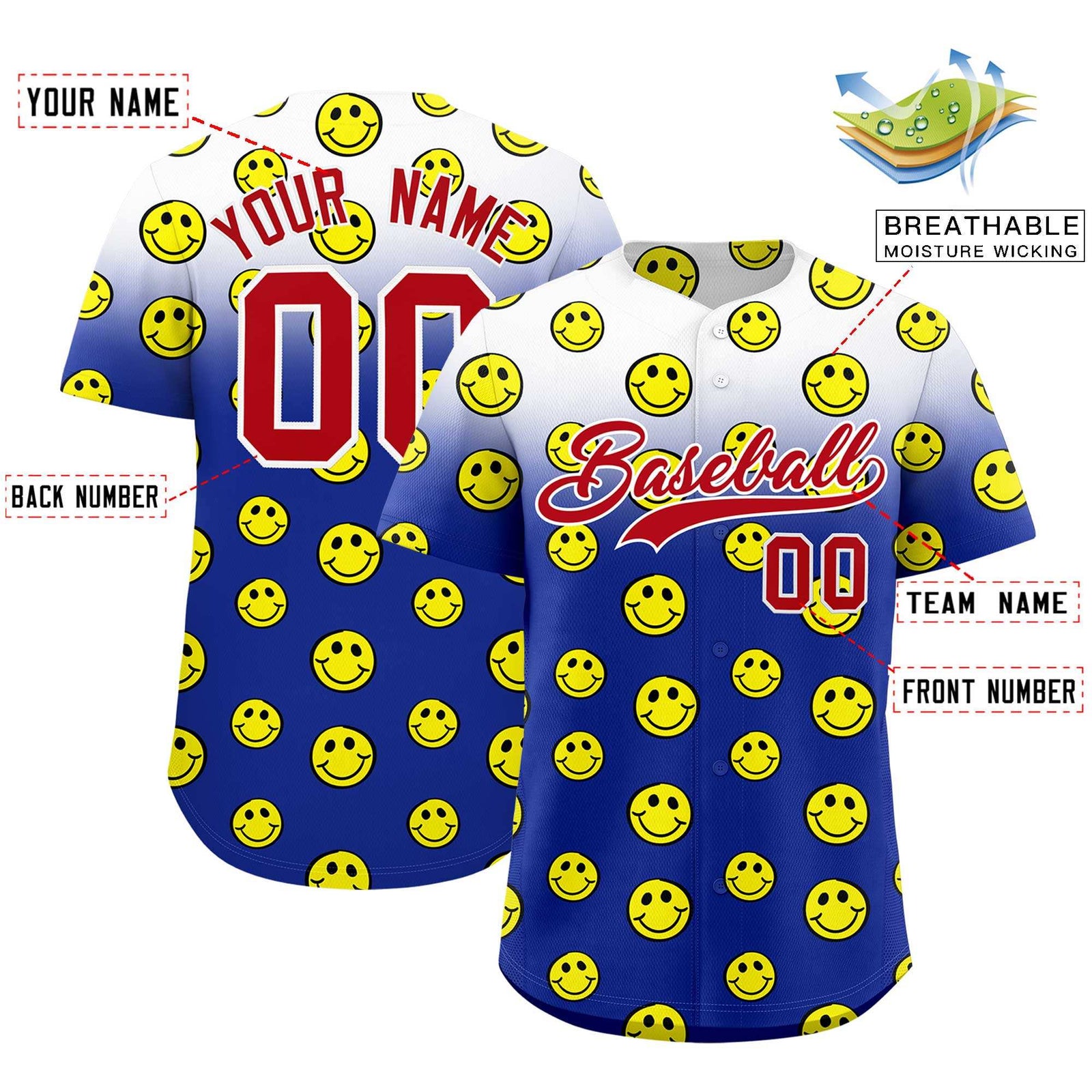 Custom White Royal Graffiti Gradient Pattern Authentic Smile Baseball Jersey