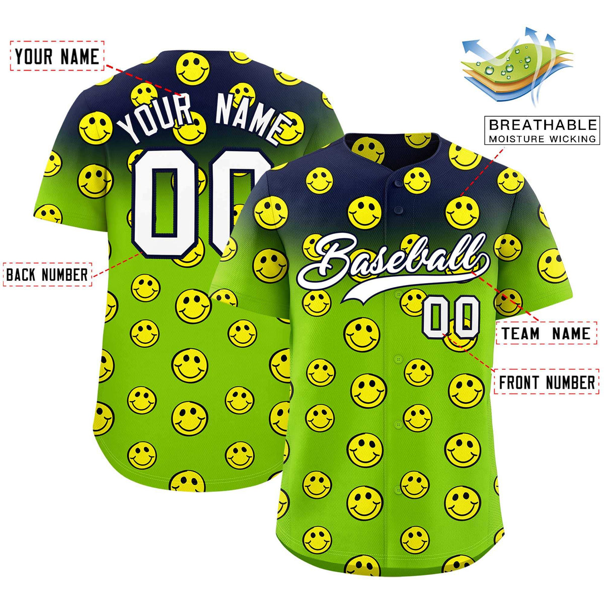 Custom Navy Neon Green Graffiti Gradient Pattern Authentic Smile Baseball Jersey
