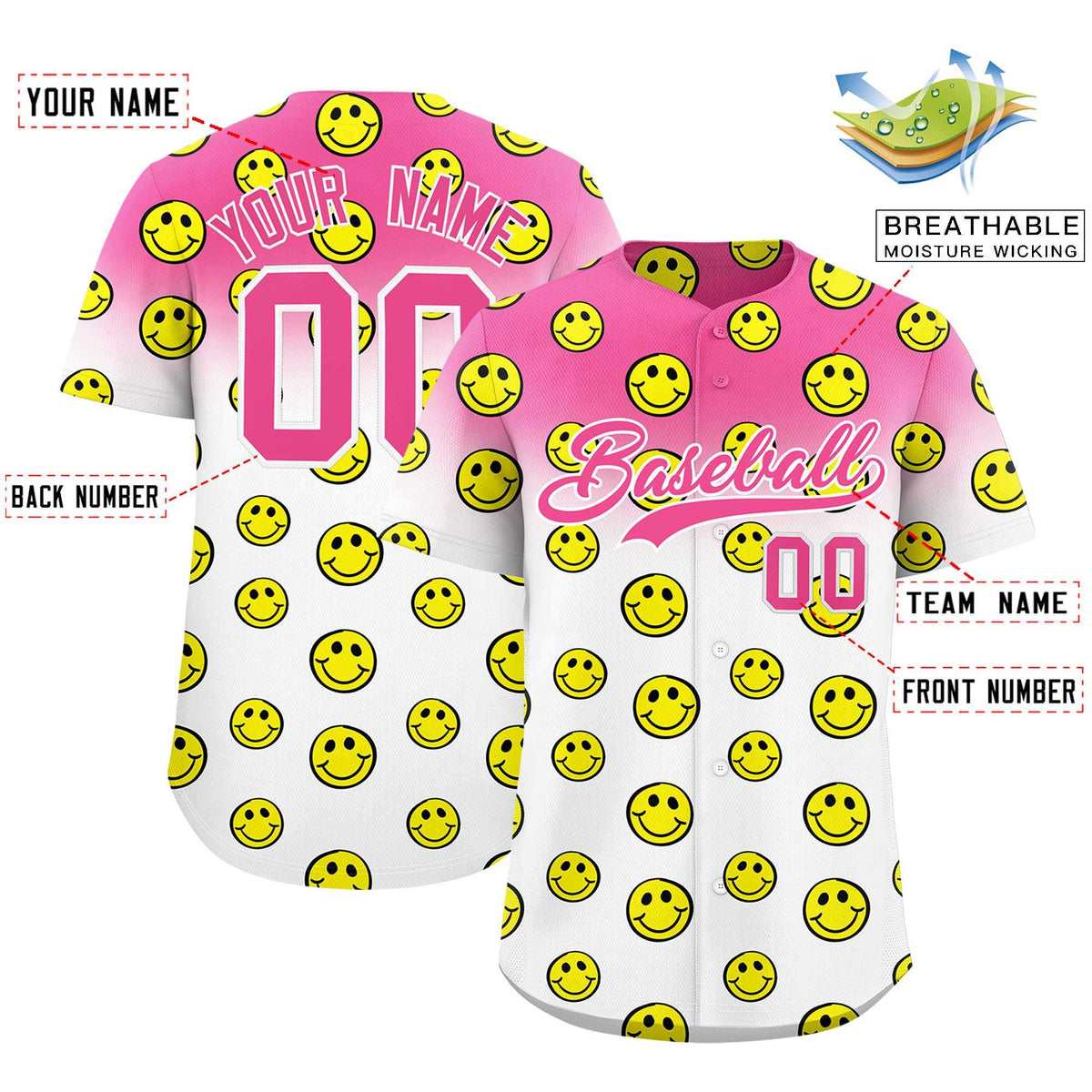 Custom Pink White Graffiti Gradient Pattern Authentic Smile Baseball Jersey