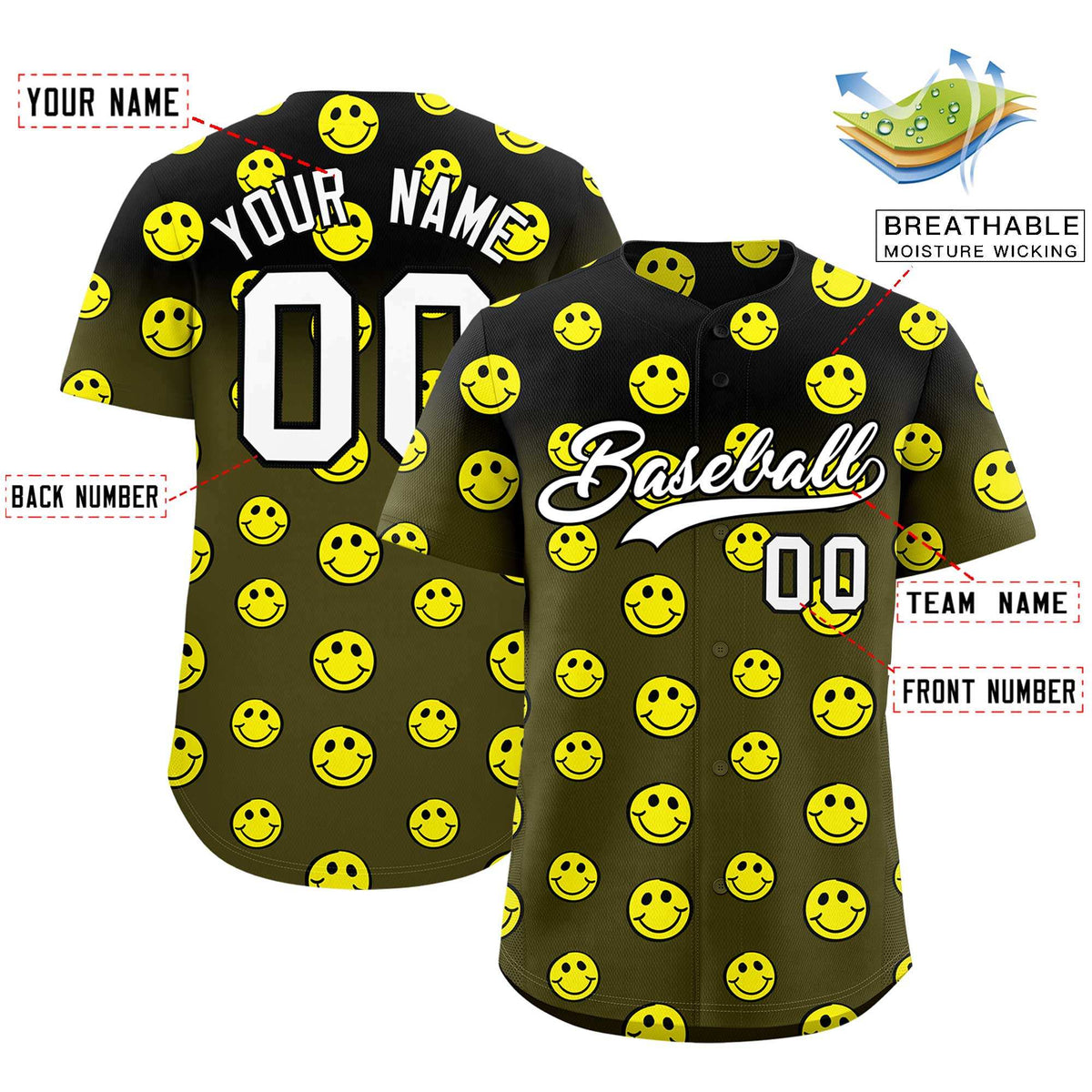 Custom Black Olive Graffiti Gradient Pattern Authentic Smile Baseball Jersey
