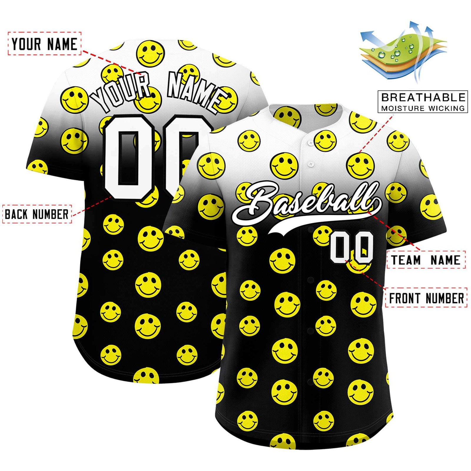 Custom White Black Graffiti Gradient Pattern Authentic Smile Baseball Jersey