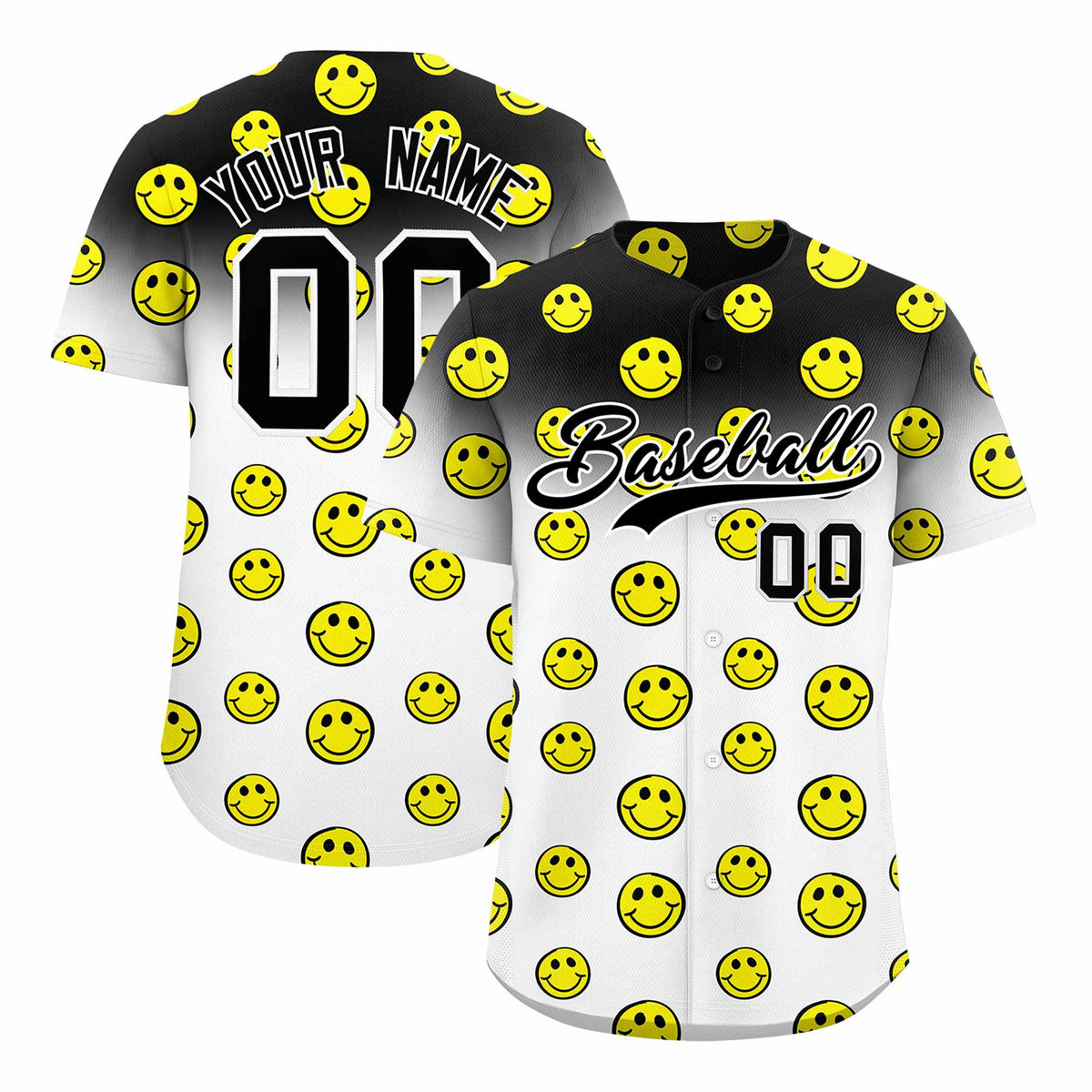 Custom Black White Graffiti Gradient Pattern Authentic Smile Baseball Jersey
