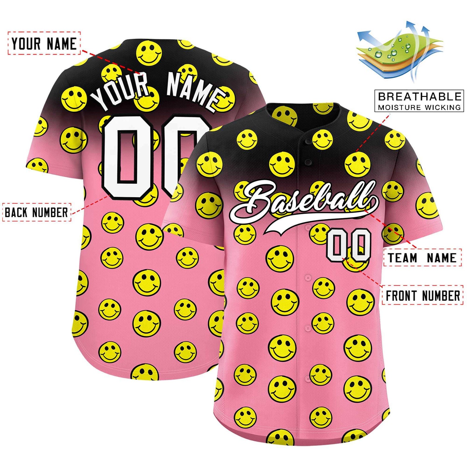 Custom Black Light Pink Graffiti Gradient Pattern Authentic Smile Baseball Jersey