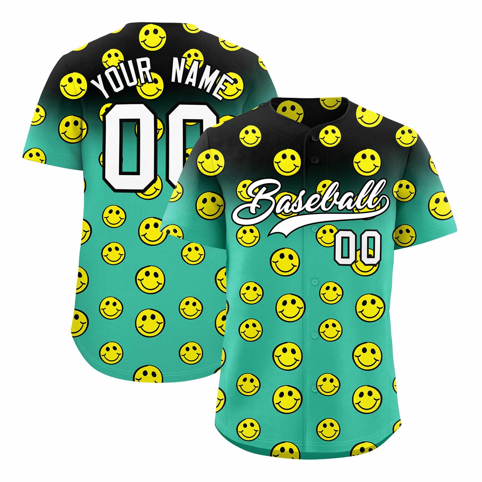 Custom Black Bright Green Graffiti Gradient Pattern Authentic Smile Baseball Jersey