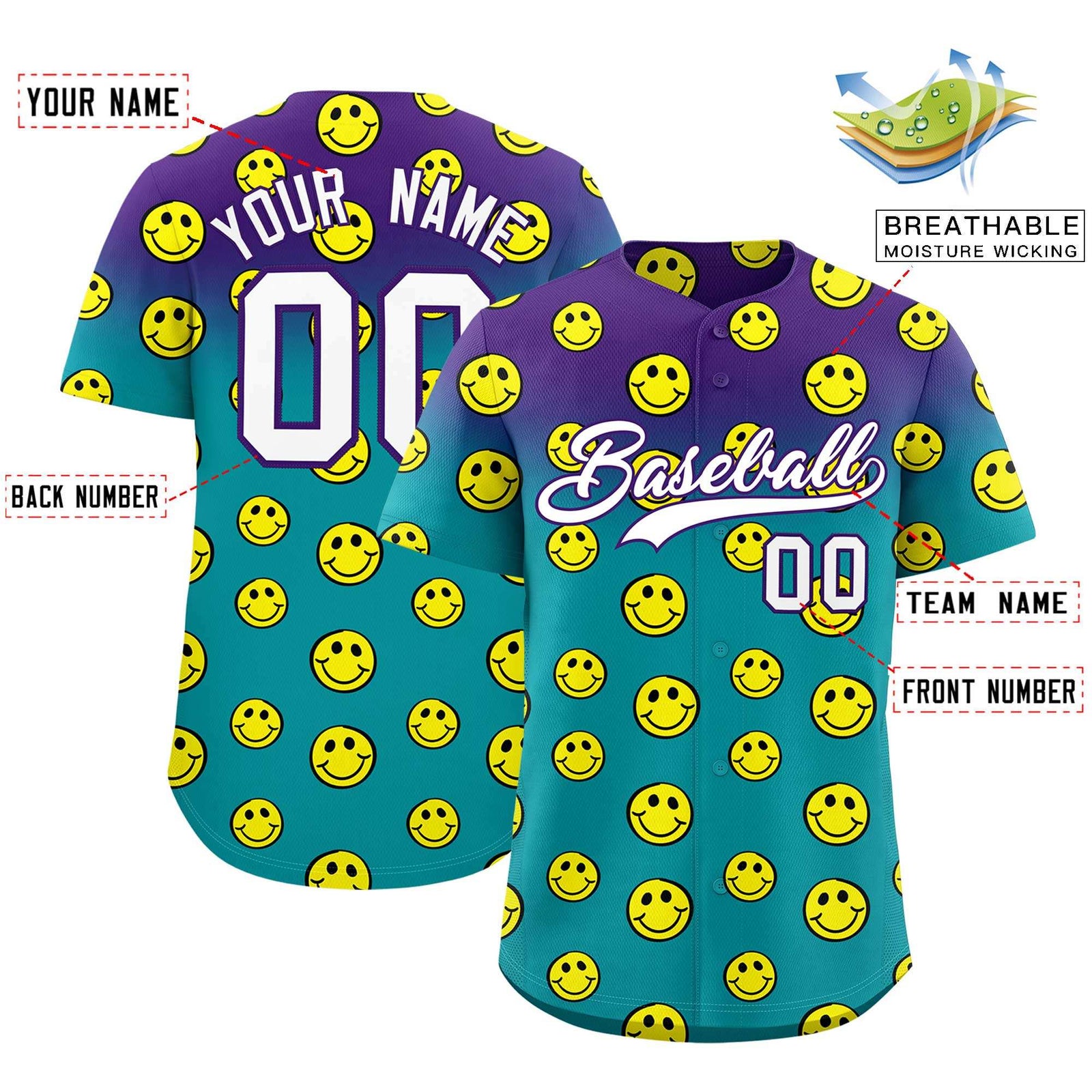 Custom Purple Aqua Graffiti Gradient Pattern Authentic Smile Baseball Jersey