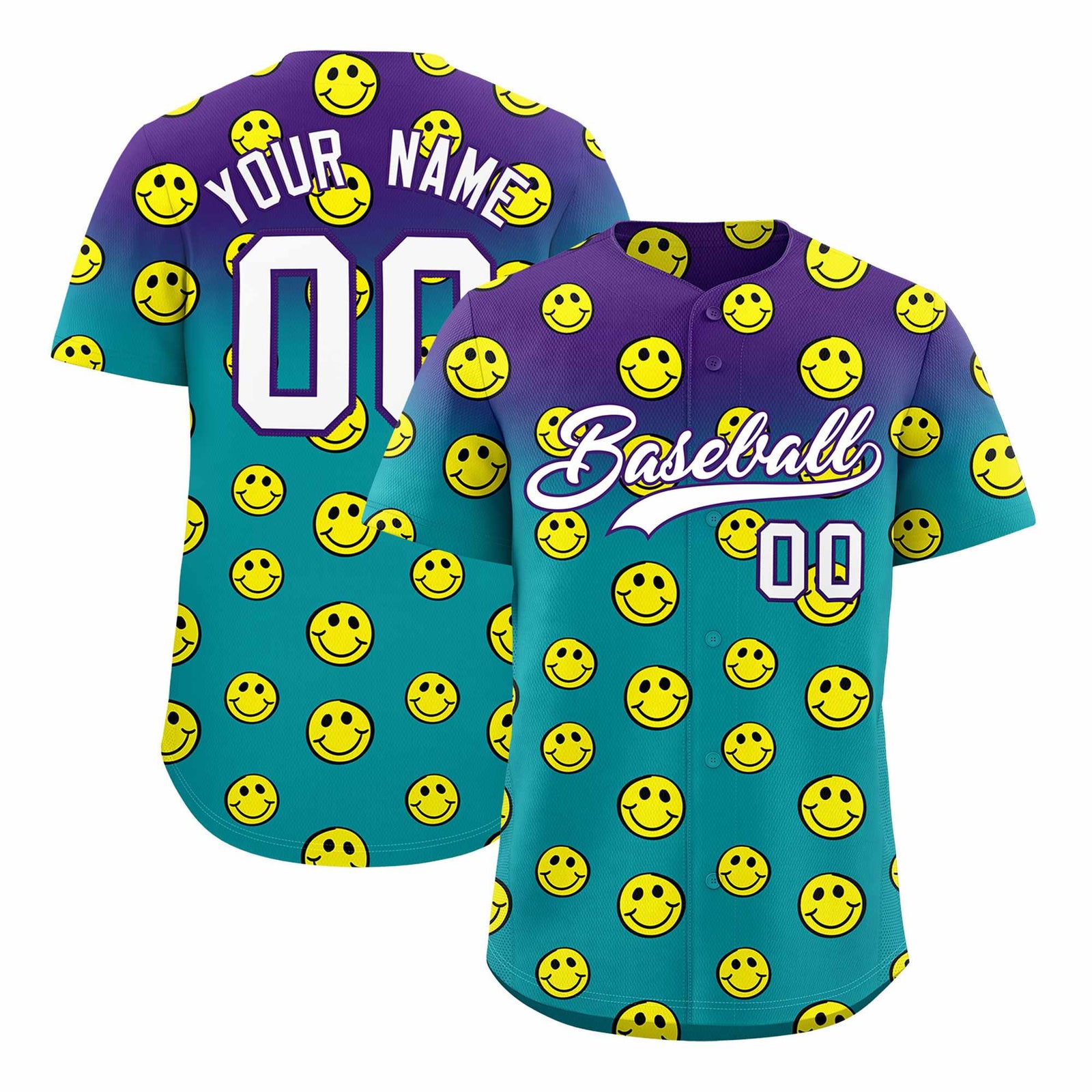 Custom Purple Aqua Graffiti Gradient Pattern Authentic Smile Baseball Jersey