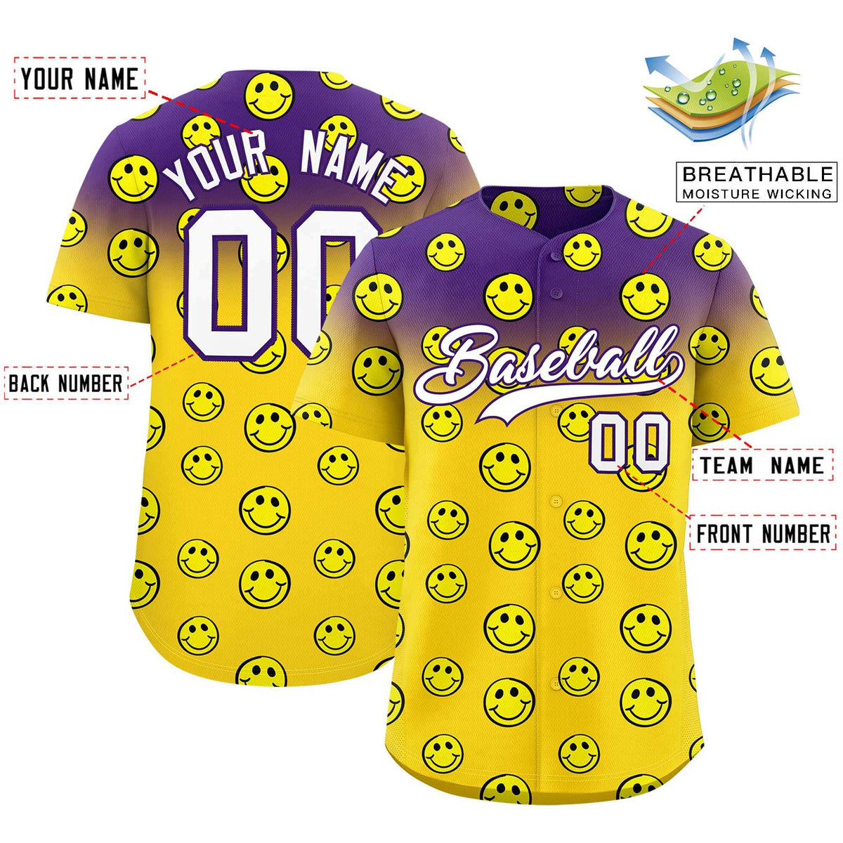 Custom Purple Gold Graffiti Gradient Pattern Authentic Smile Baseball Jersey