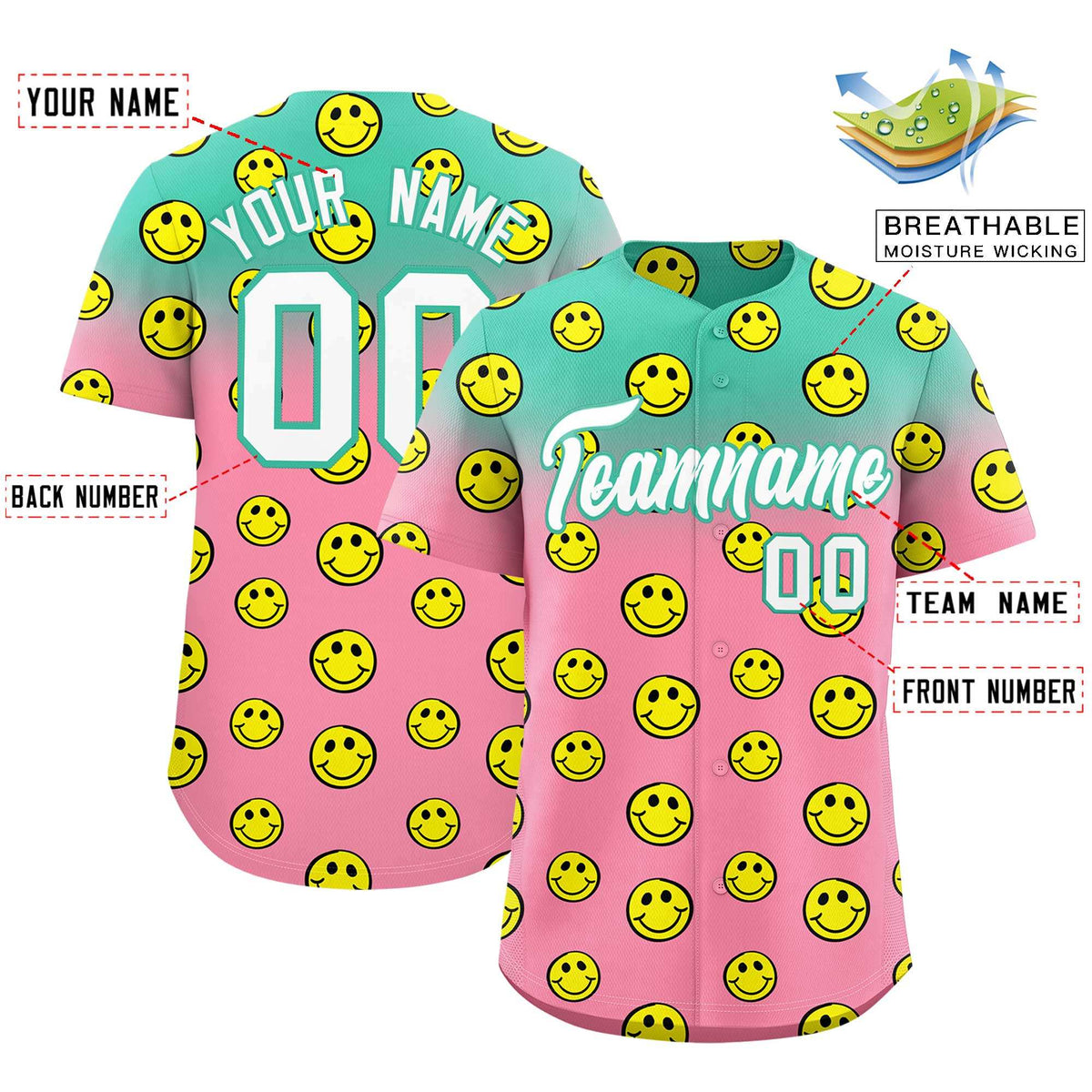 Custom Bright Green Light Pink Graffiti Gradient Pattern Authentic Smile Baseball Jersey