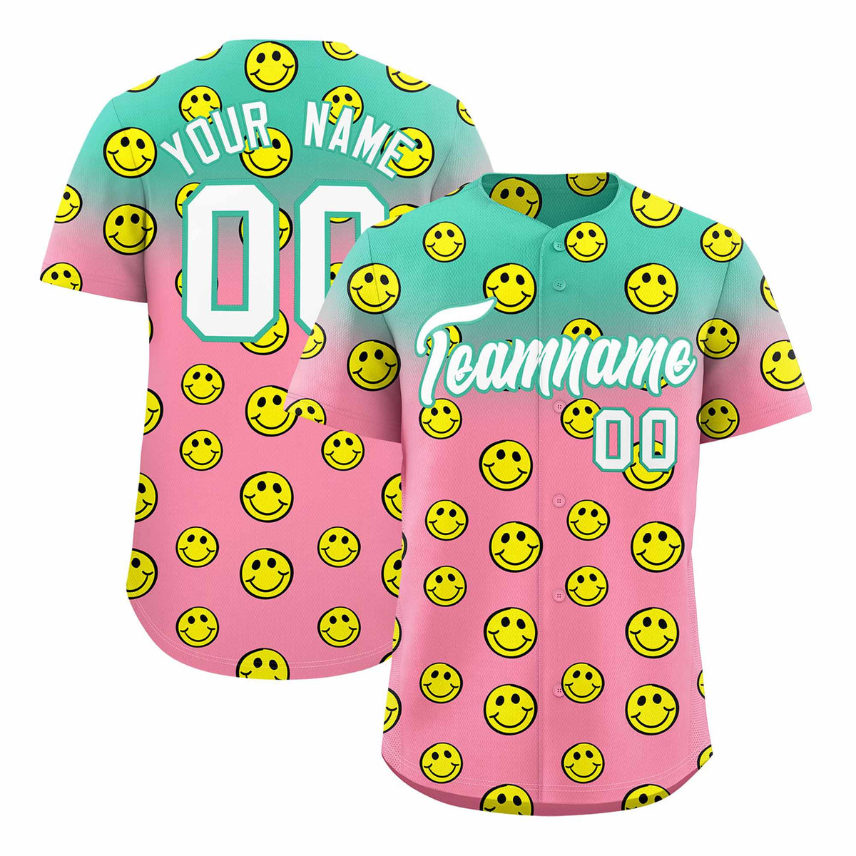 Custom Bright Green Light Pink Graffiti Gradient Pattern Authentic Smile Baseball Jersey