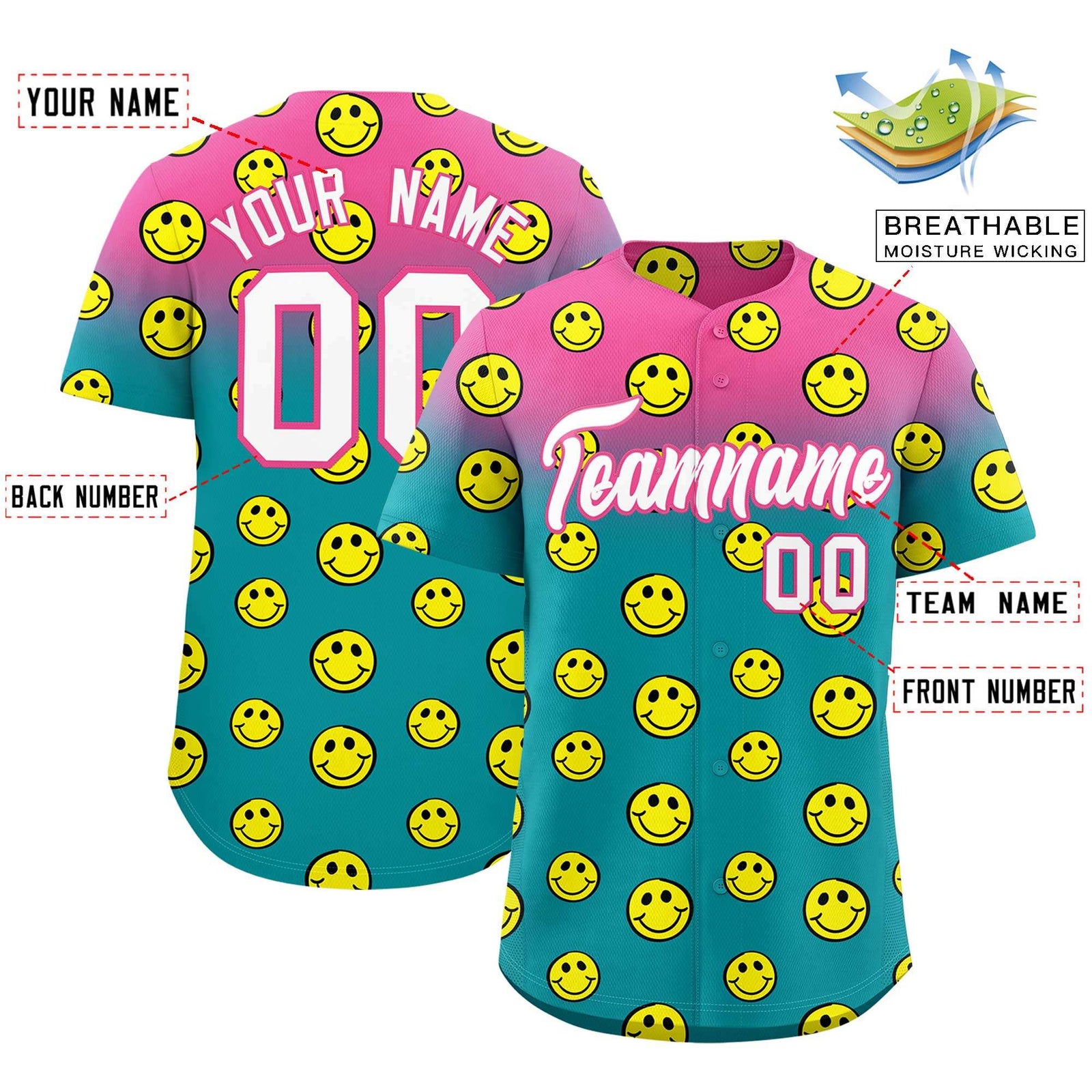 Custom Pink Aqua Graffiti Gradient Pattern Authentic Smile Baseball Jersey