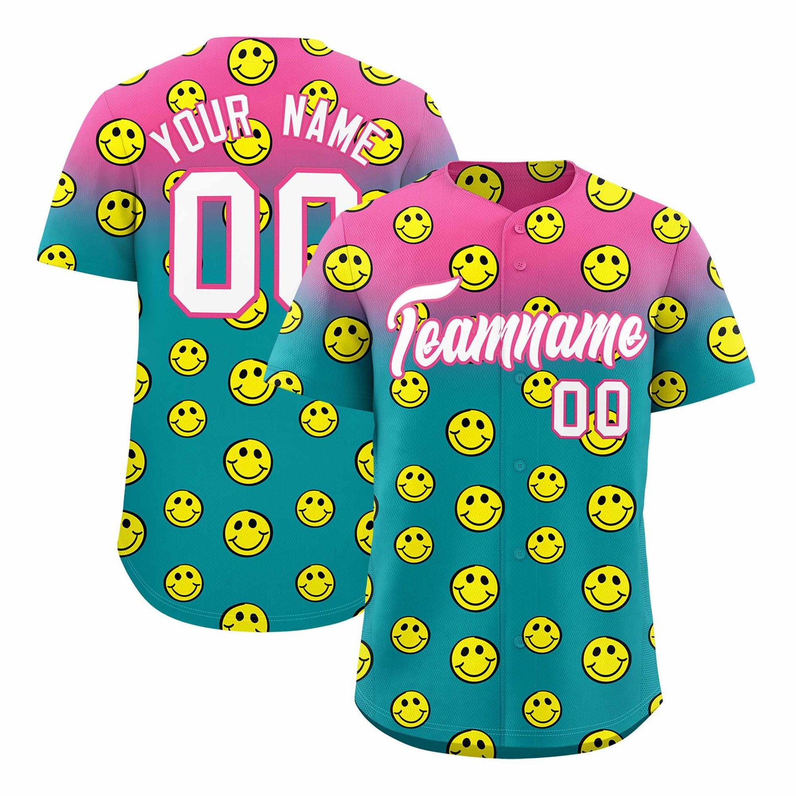 Custom Pink Aqua Graffiti Gradient Pattern Authentic Smile Baseball Jersey